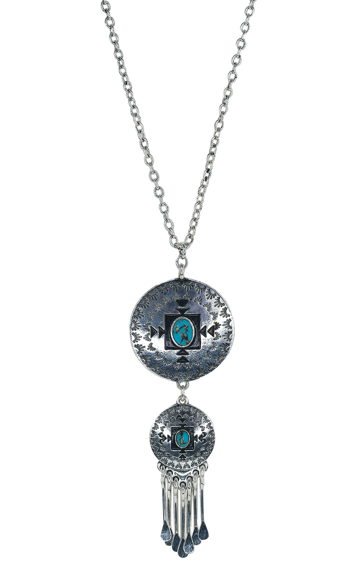 Justin Etched Silver & Turquoise Concho Chandelier Necklace - Image 1