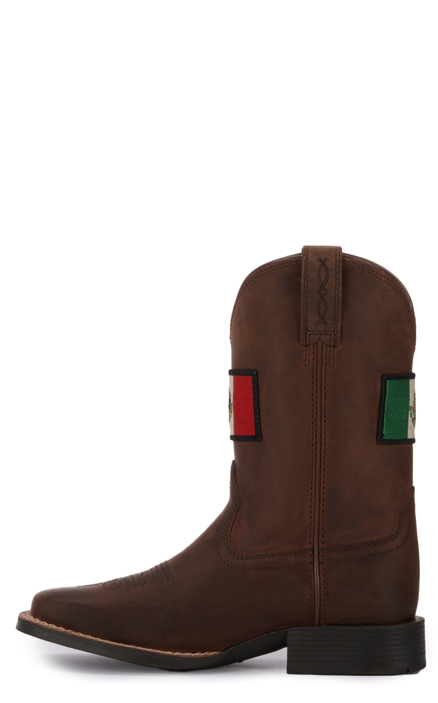 Ariat Youth Leather Distressed Brown with Mexican Flag Patch Wide Square Toe Boots - Image 1