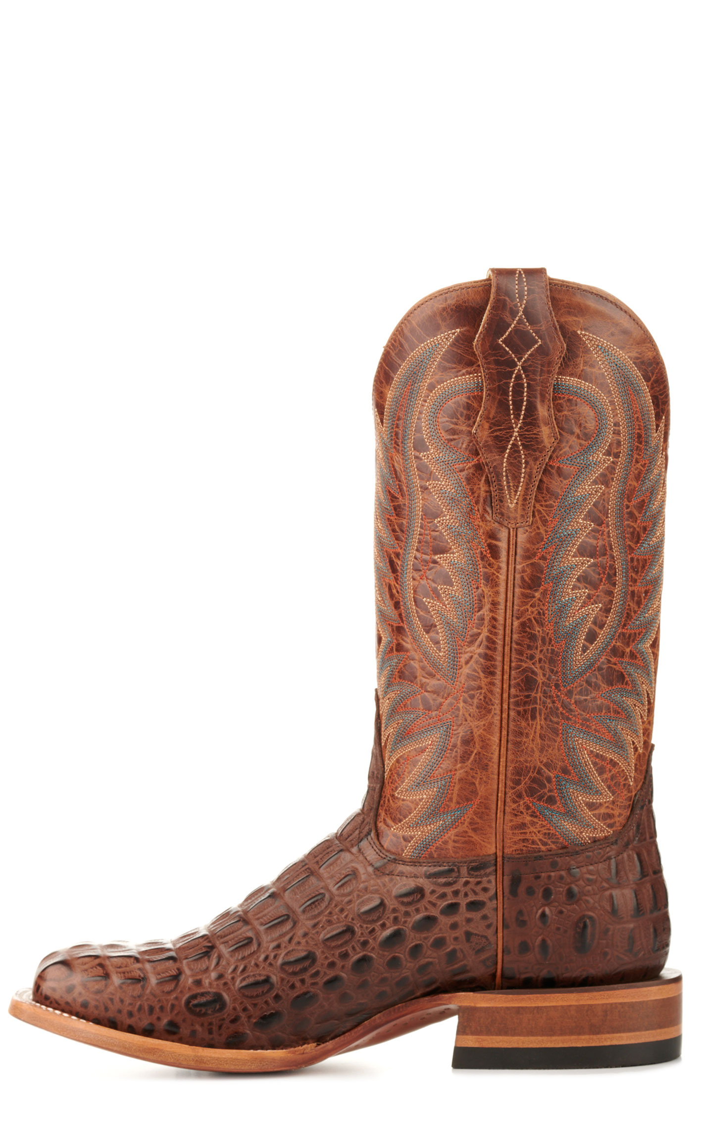 Cavender's Men's Brass and Chocolate Caiman Print Wide Square Toe Cowboy Boots - Image 1