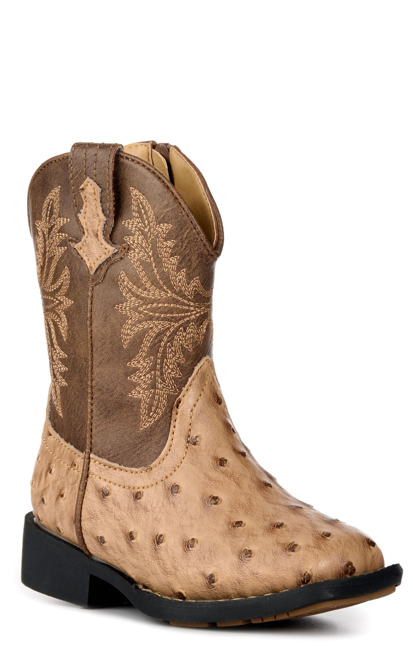 Roper Toddler's Jed Brown and Tan Ostrich Print Faux Leather Square Toe Boots - Image 1