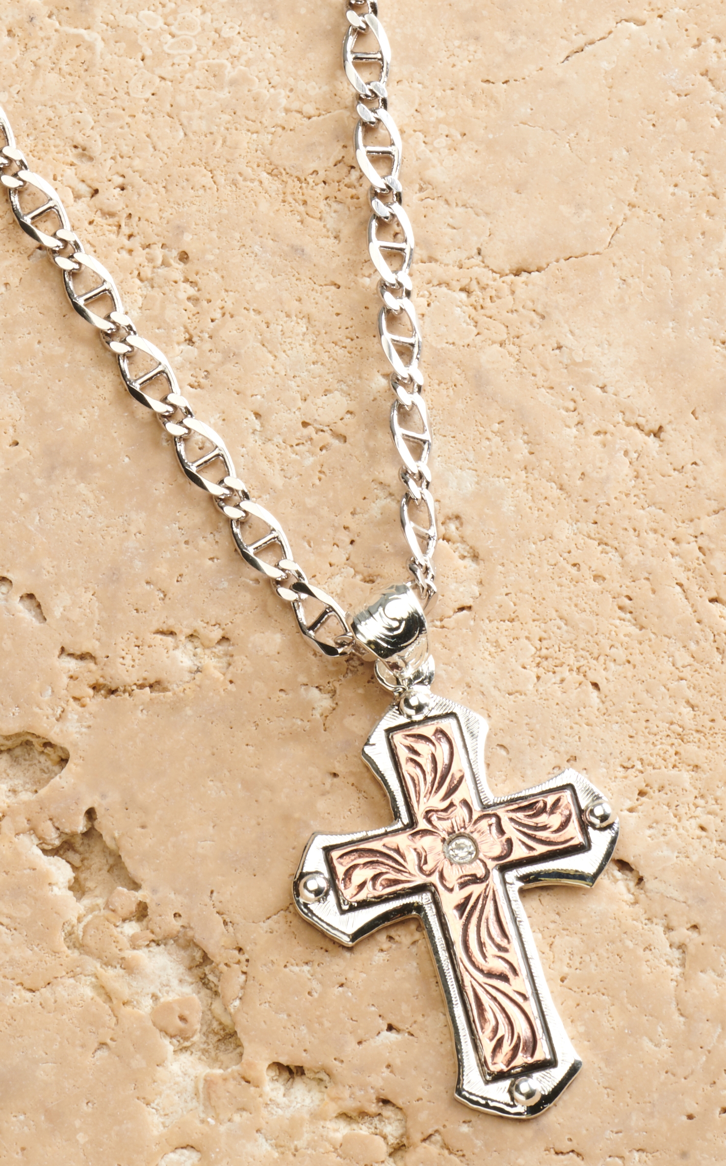 Silver Strike Men's Silver and Rose Gold Floral Engraved Cross Pendant Necklace - Image 1