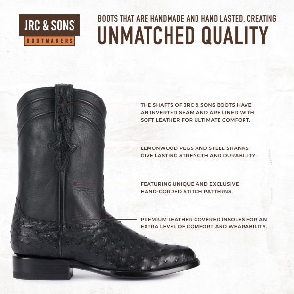 JRC & Sons Men's Miguel Full Quill Ostrich Round Toe Exotic Roper Boot in Black - Image 1