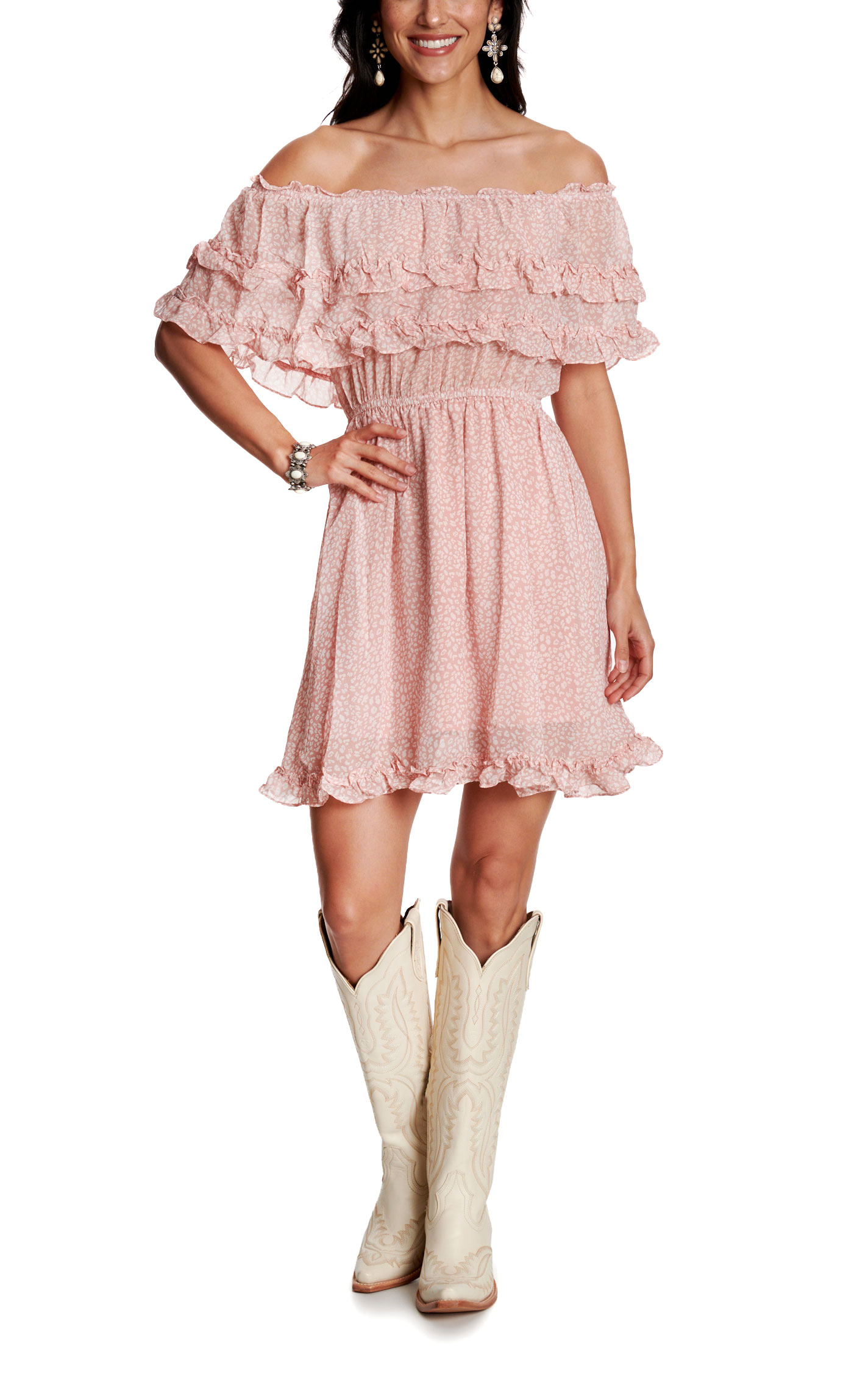 Blue B Women's Pale Pink Leopard Off Shoulder Dress - Image 1