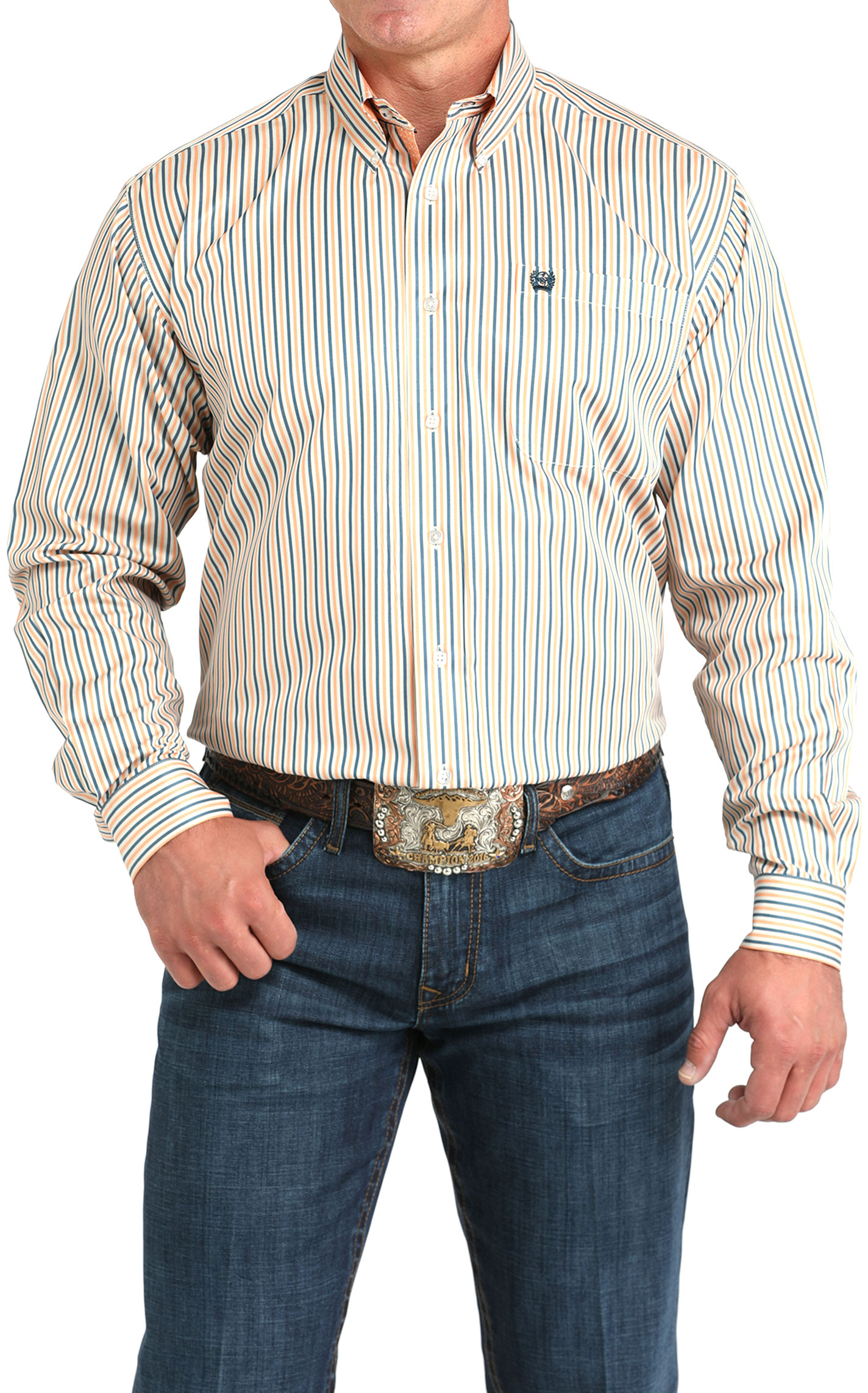 Cinch Men's Blue & Yellow Striped TENCEL Western Shirt - Image 1