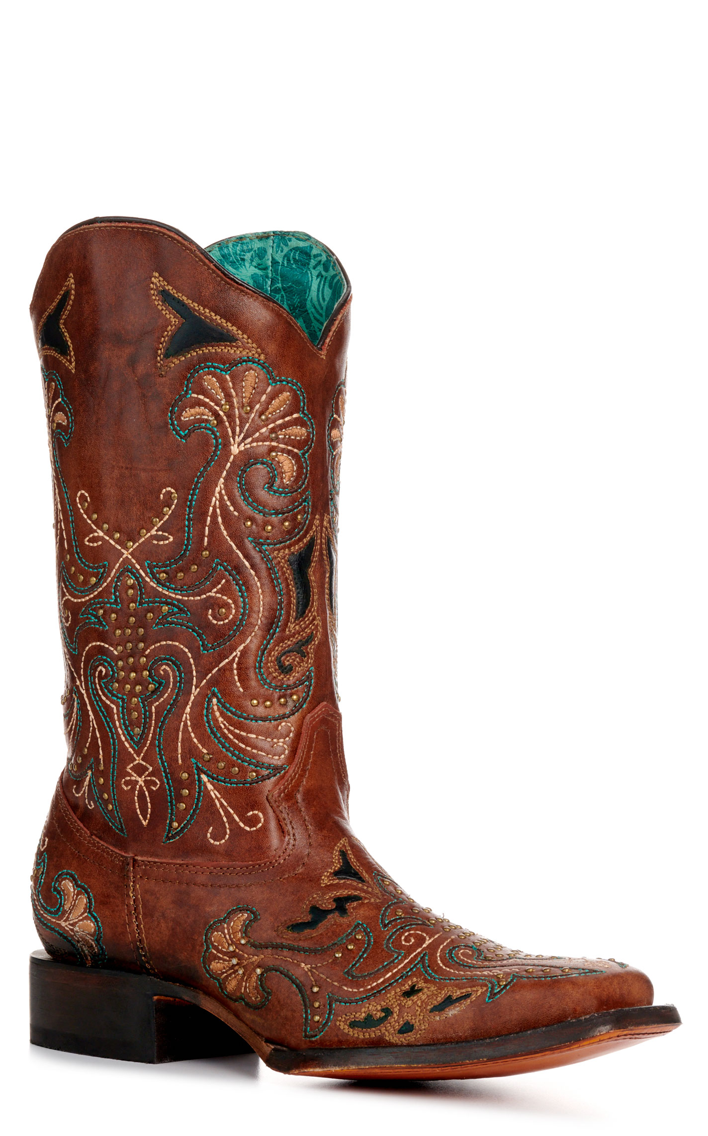 Corral Women's Dark Tan with Embroidery and Studs Square Toe Cowboy Boots - Image 1