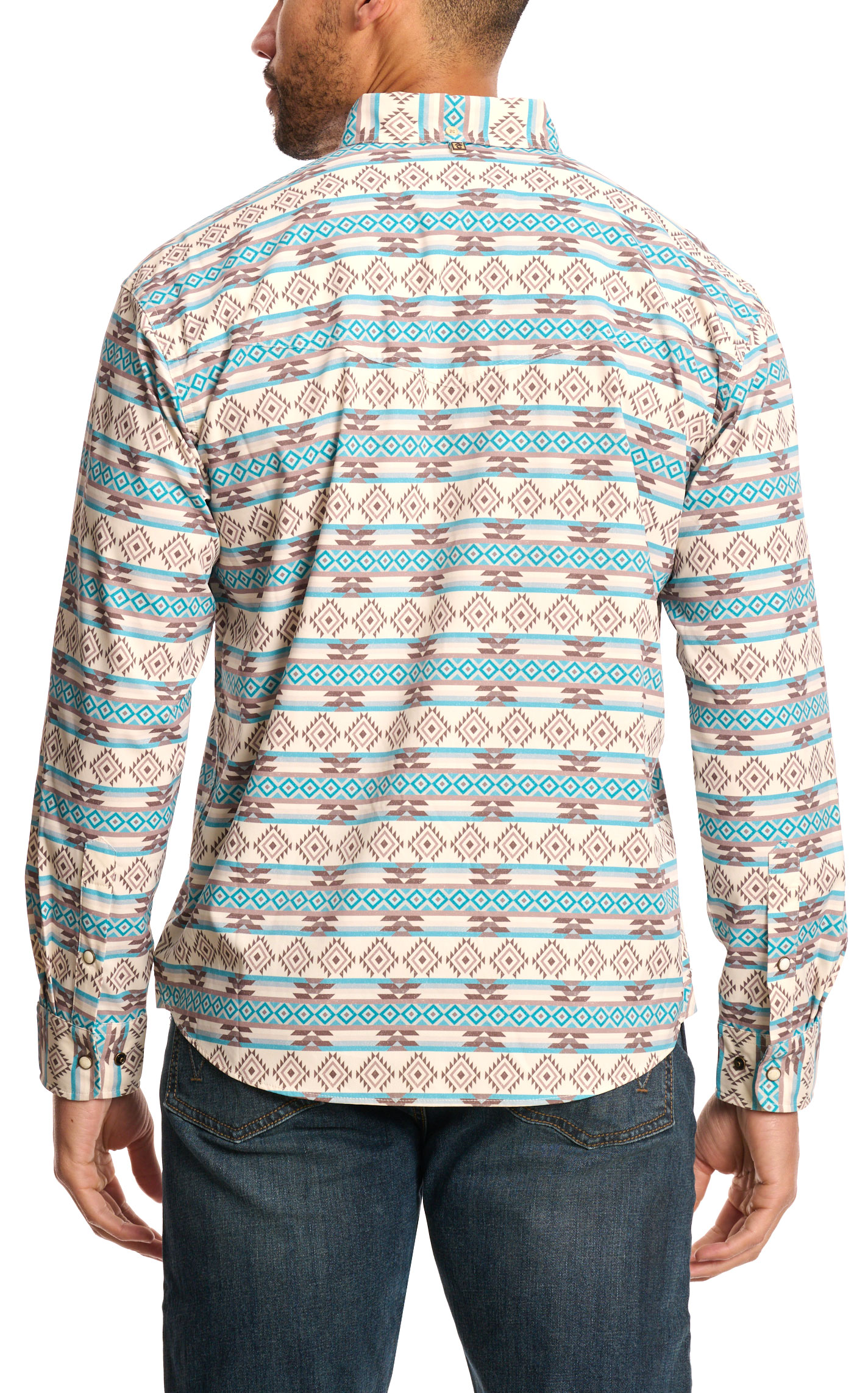 Rafter C Outdoors Men's Latte Turquoise Aztec Fishing Shirt - Image 1