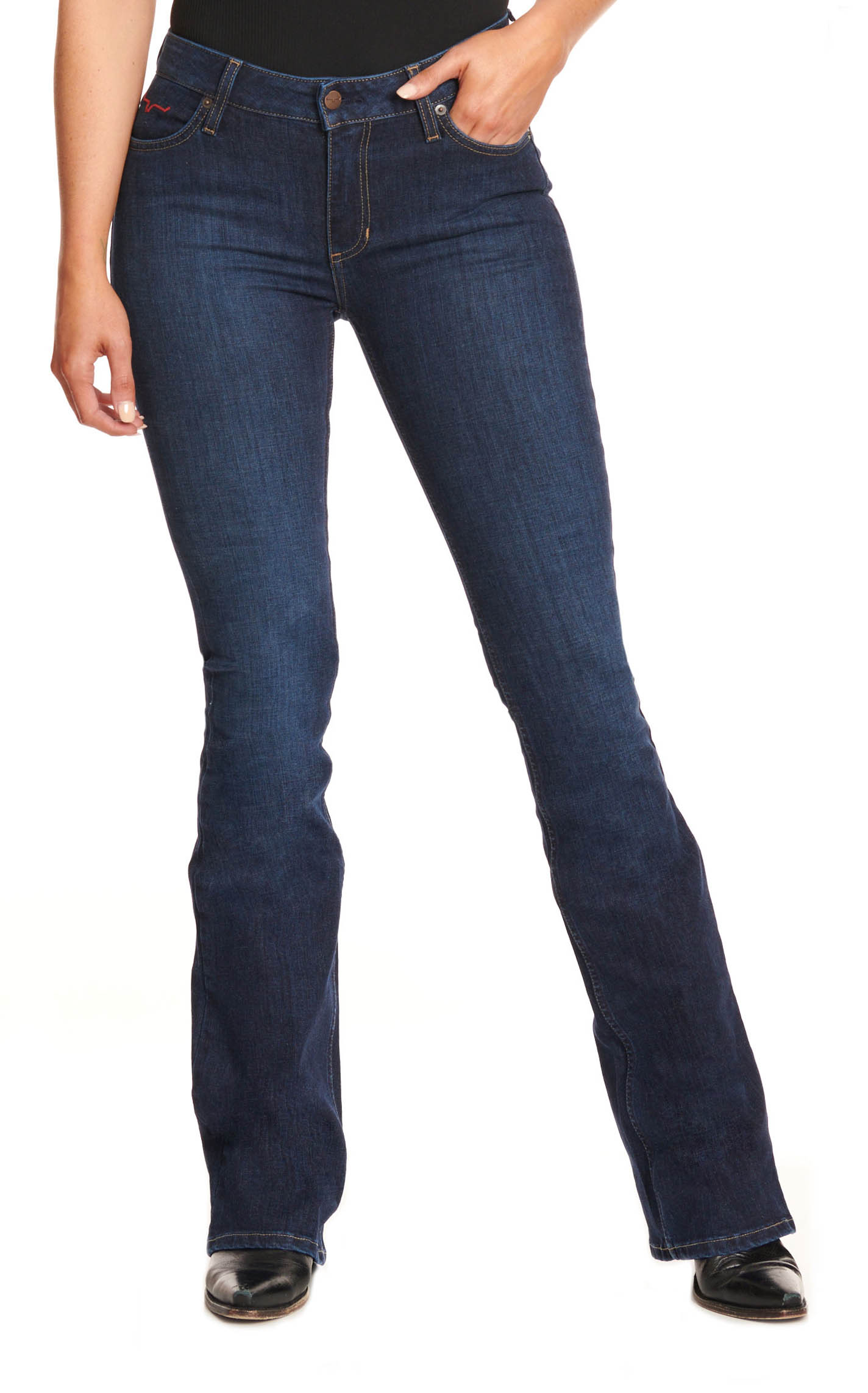 Kimes Ranch Women's Chloe Dark Wash Mid Rise Fitted Thigh Boot Cut Jeans - Image 1