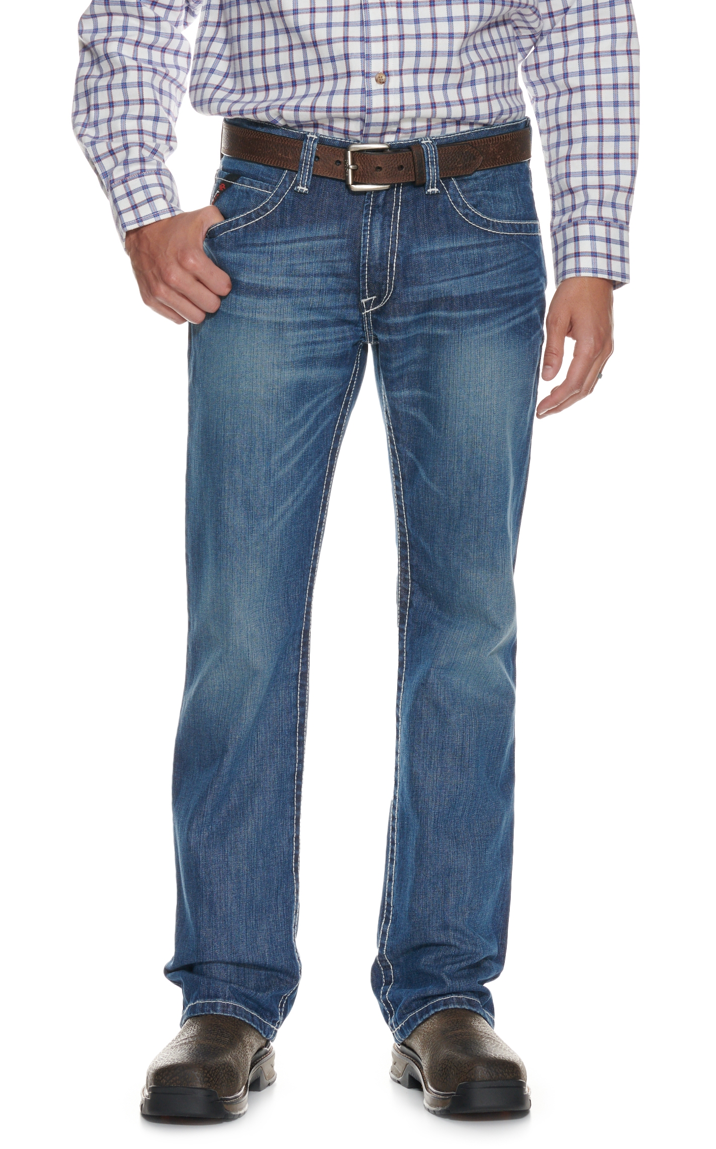 Ariat Men's FR M4 Ridgeline Glacier Medium Wash Relaxed Fit Boot Cut Work Jeans - Image 1