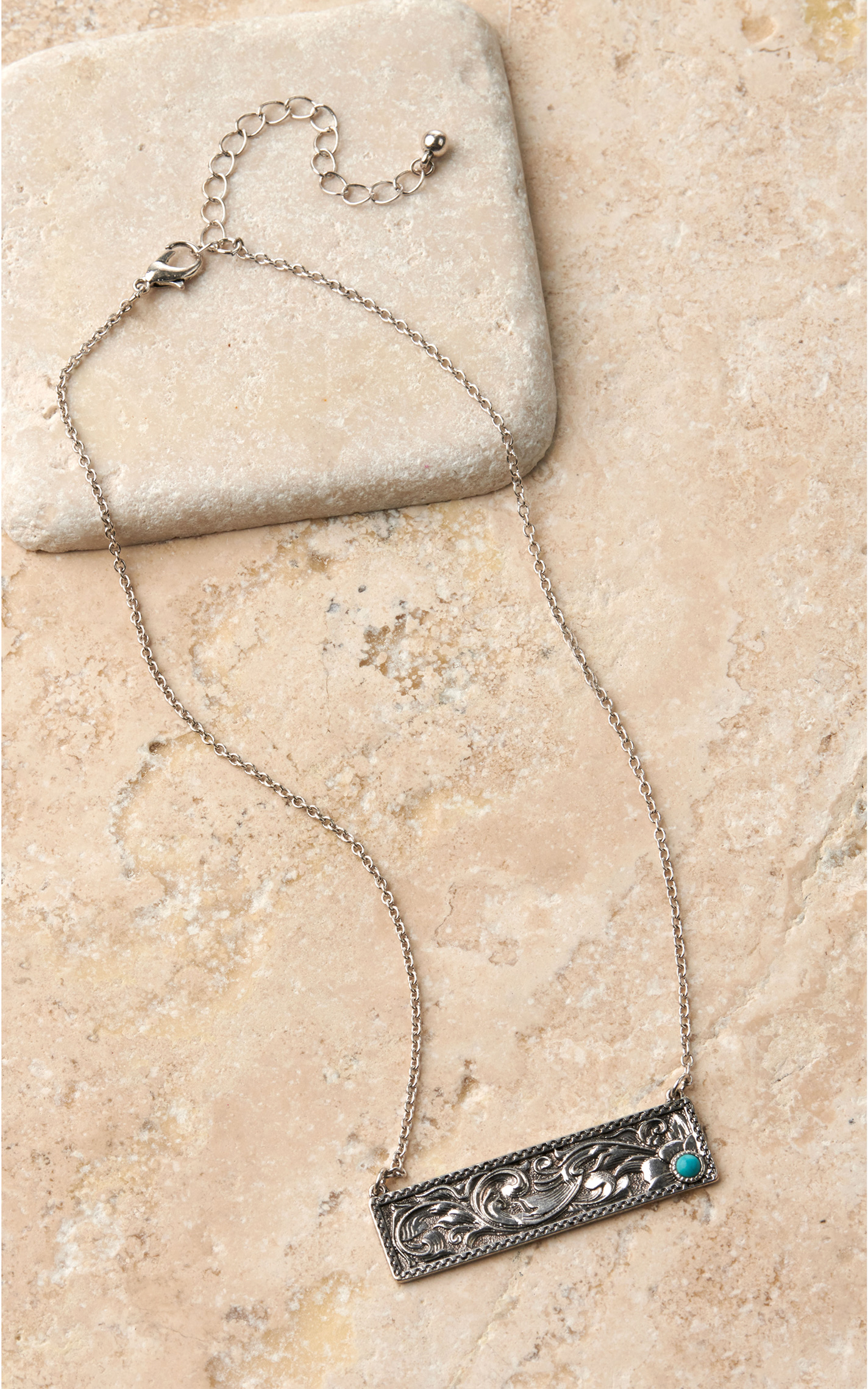 Silver Strike Silver Floral Tooled Bar with Turquoise Necklace and Earrings Jewelry Set - Image 1