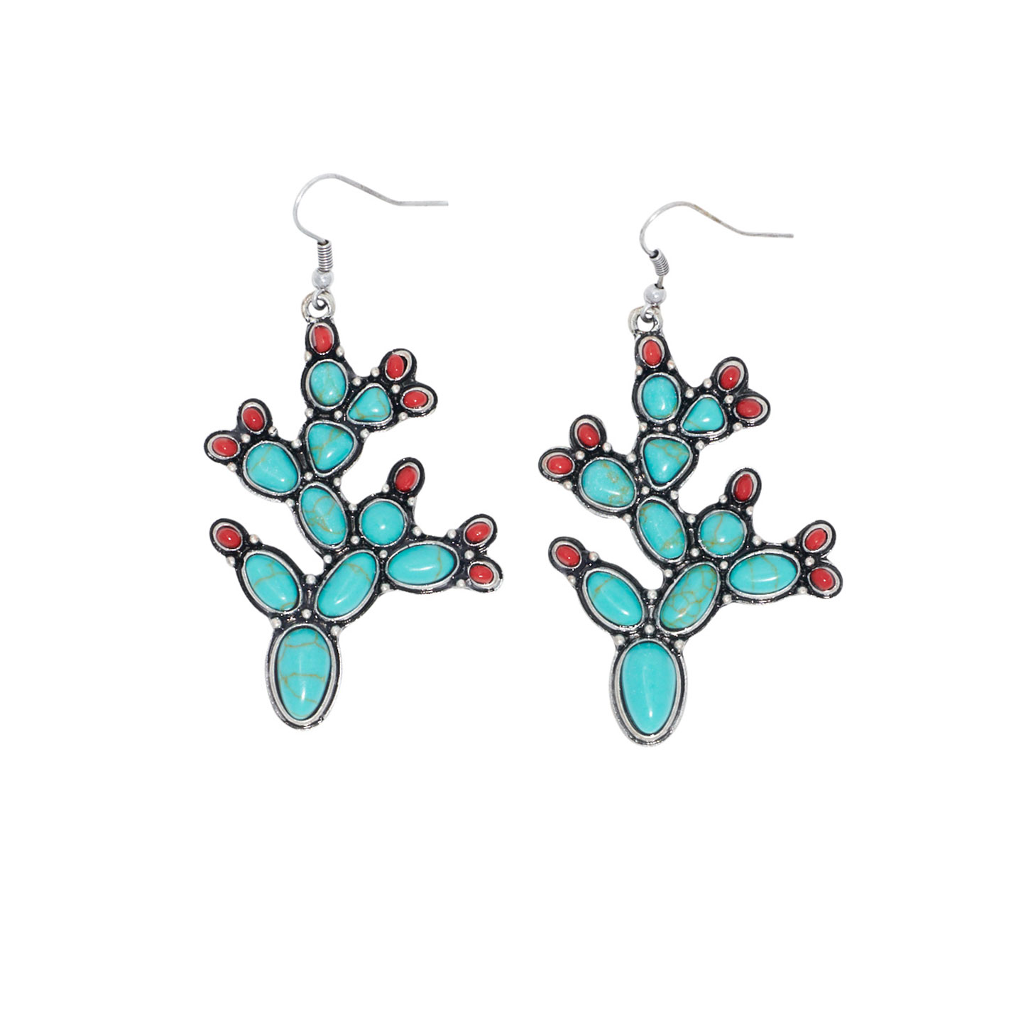806 Turquoise & Coral Prickly Pear Cactus Dangle Earrings - Image 1