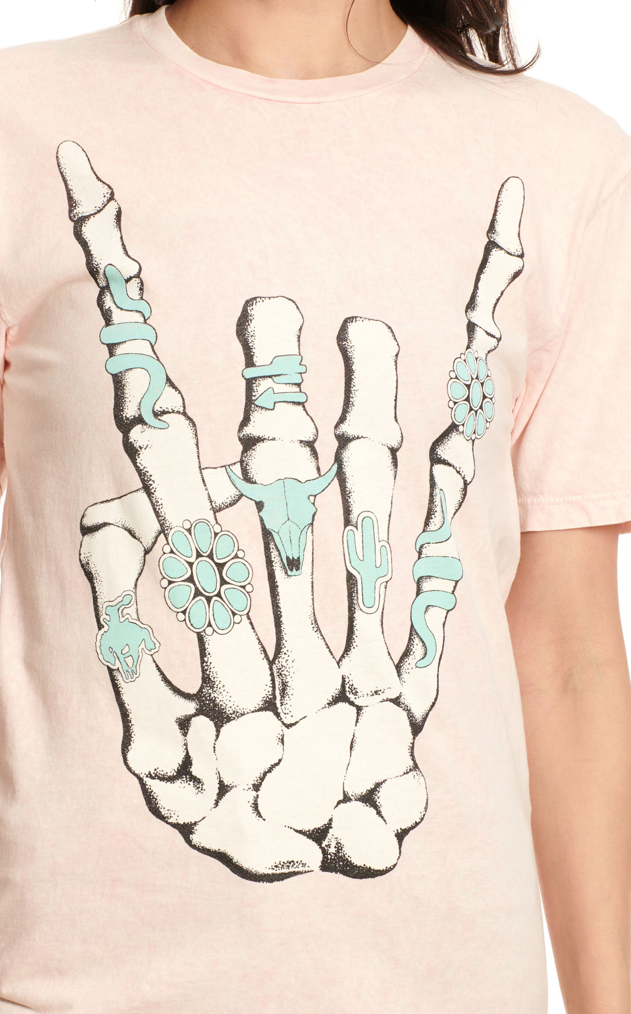 Lotus Fashion Women's Pale Pink Rockin' Rings Skeleton Hand Graphic Short Sleeve T-Shirt - Image 1