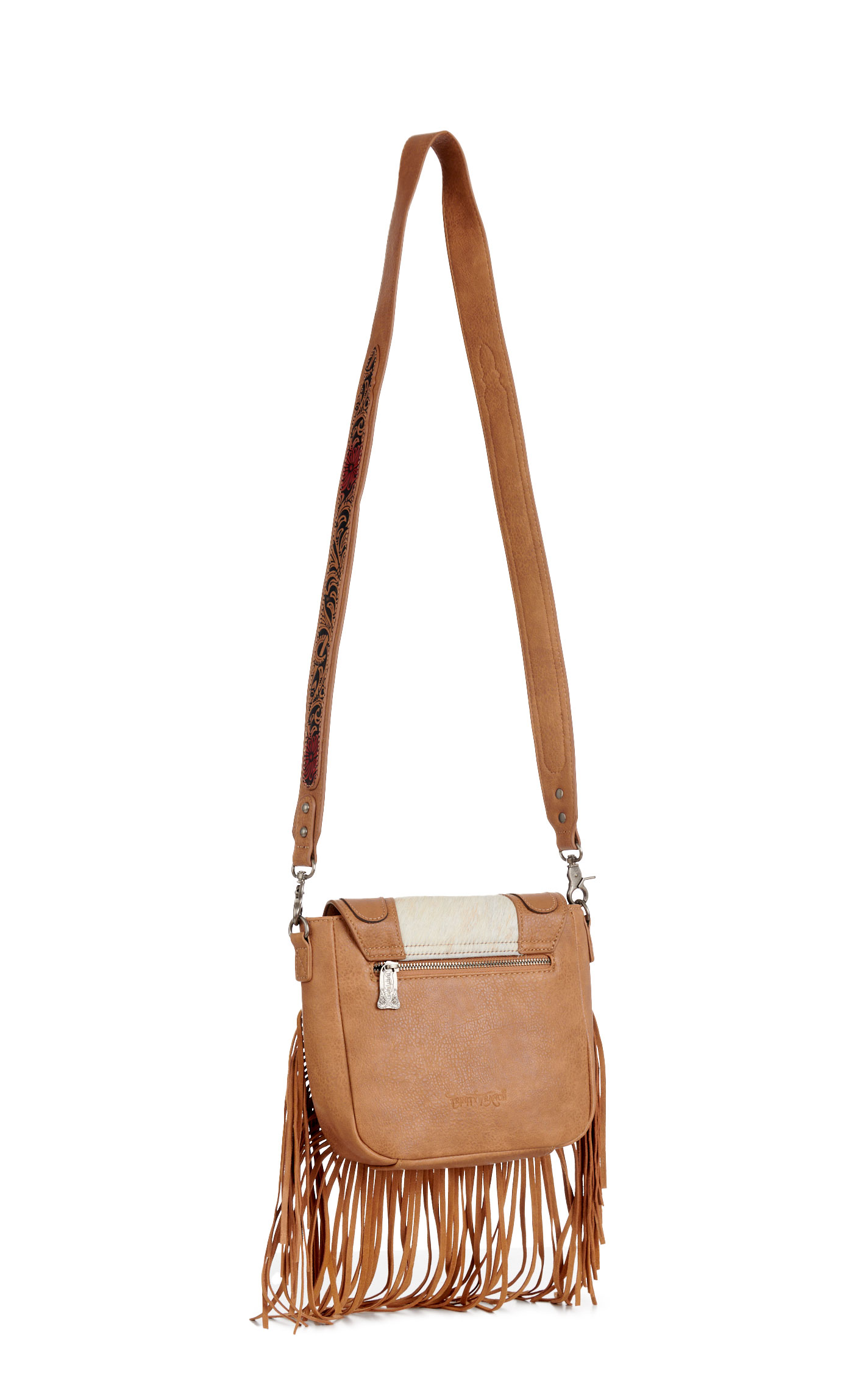 Trinity Ranch Genuine Hair On Cowhide Tooled Fringe Crossbody Bag - Image 1