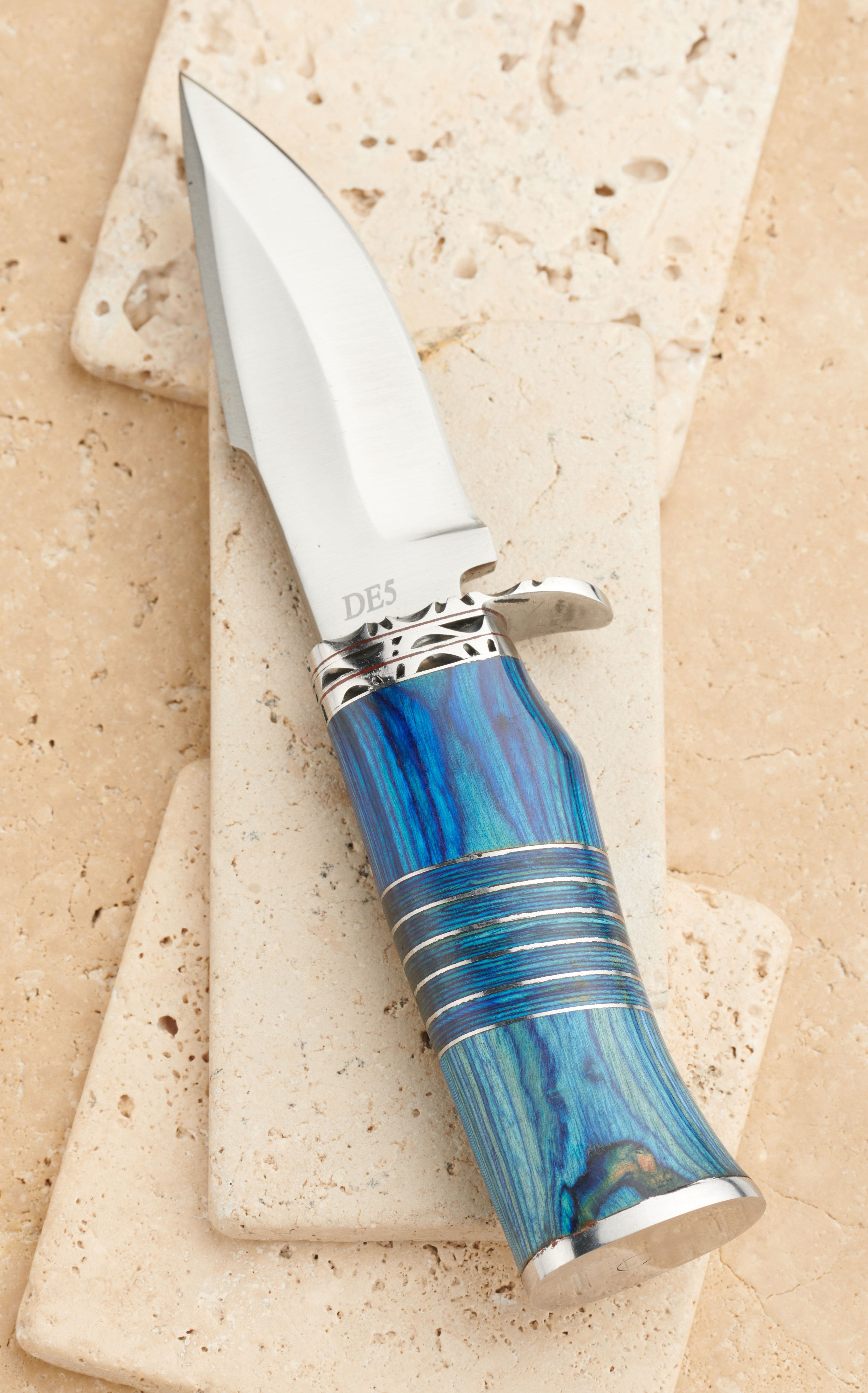 Circle SH Cutlery Stainless Steel Blade with Blue Wooden Handle Straight Knife and Sheath - Image 3