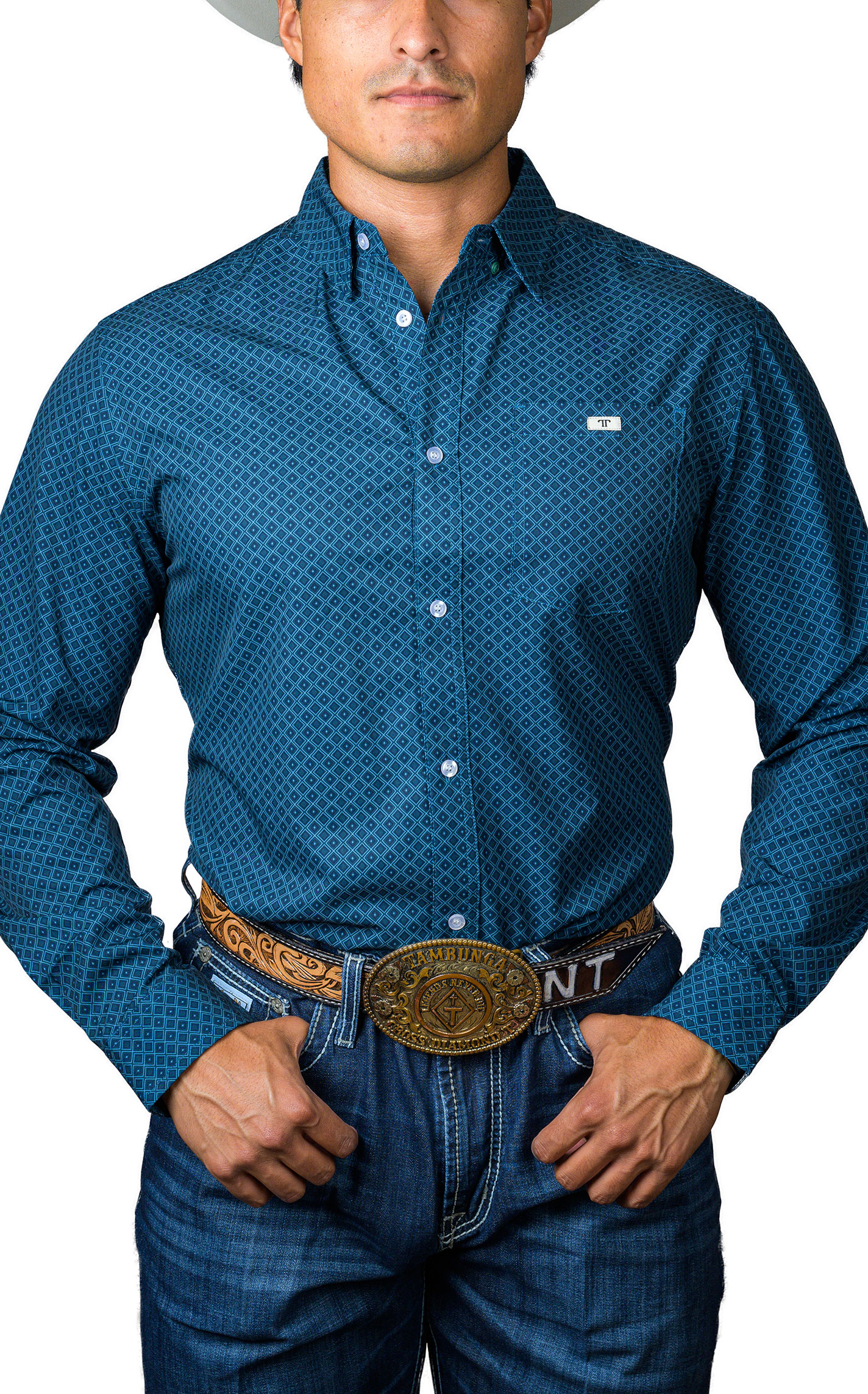 Ferrell Men's Teal Blue Geo Print Western Shirt - Image 1