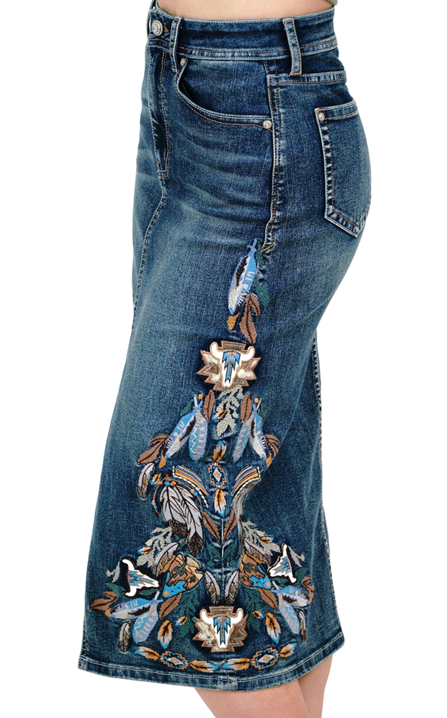 Grace in L.A. Denim Feather Embroidered Skirt - Image 1