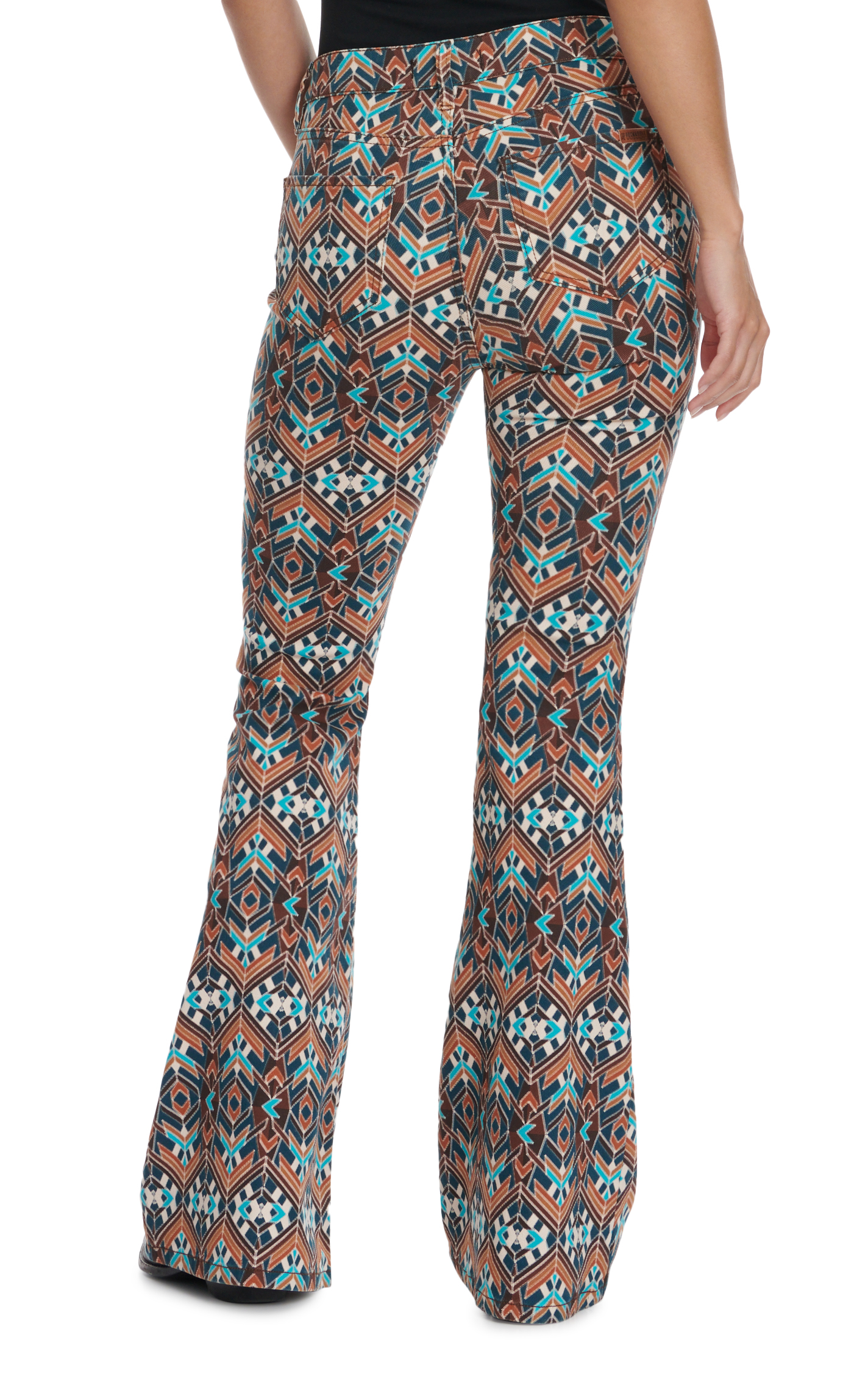 Rock & Roll Denim Women's Brown and Turquoise Geo Print High Rise Flare Leg Jeans - Cavender's Exclusive - Image 1