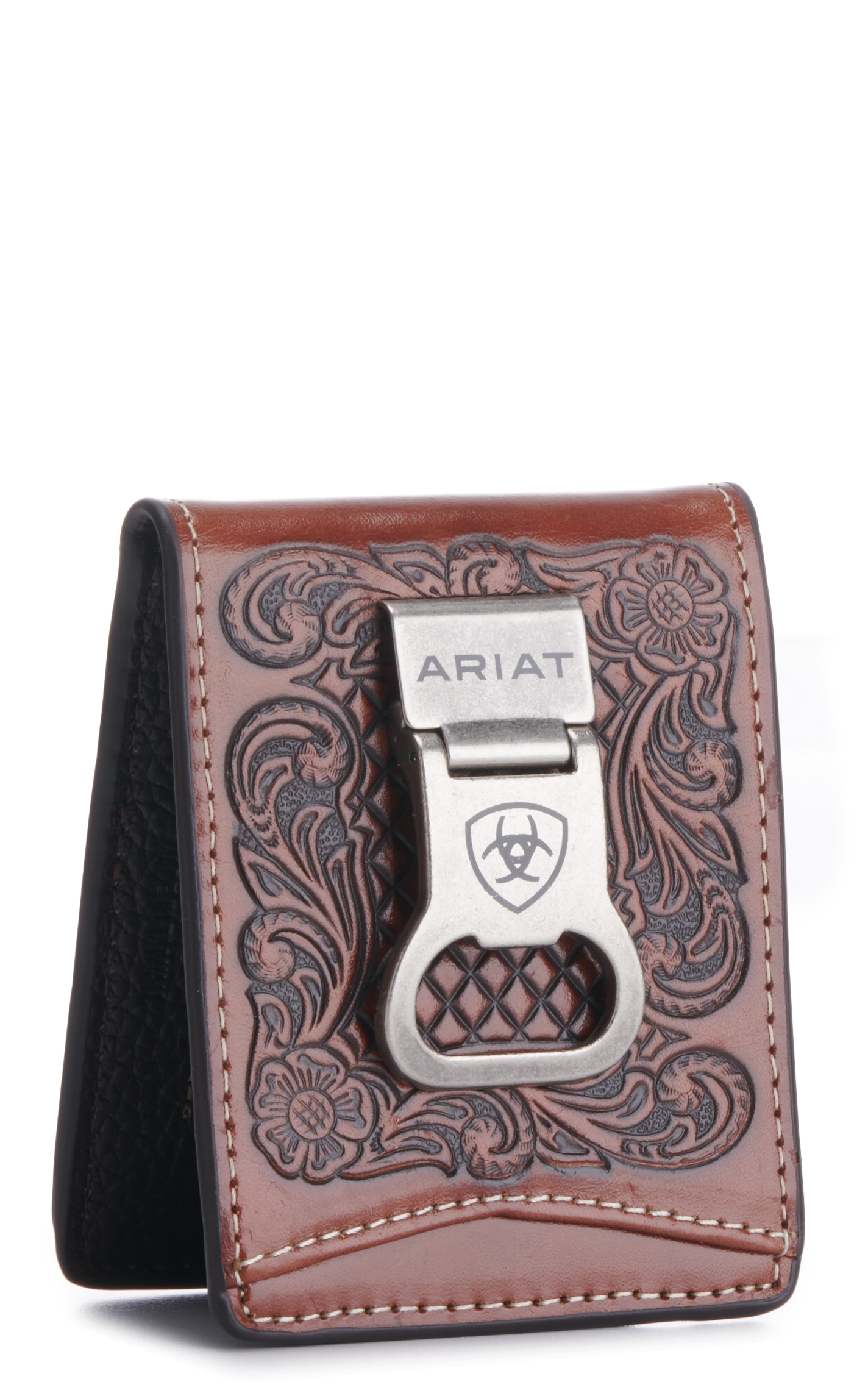 Ariat Men's Brown with Basketweave Tooling Bi-Fold Money Clip/Bottle Opener Wallet - Image 1