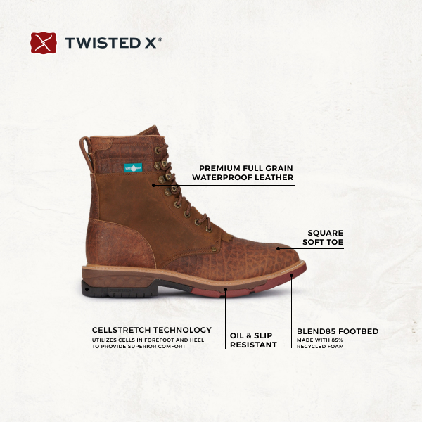 Twisted X Men's Cognac CellStretch Waterproof Lace Up Wide Square Toe Work Boots - Image 1