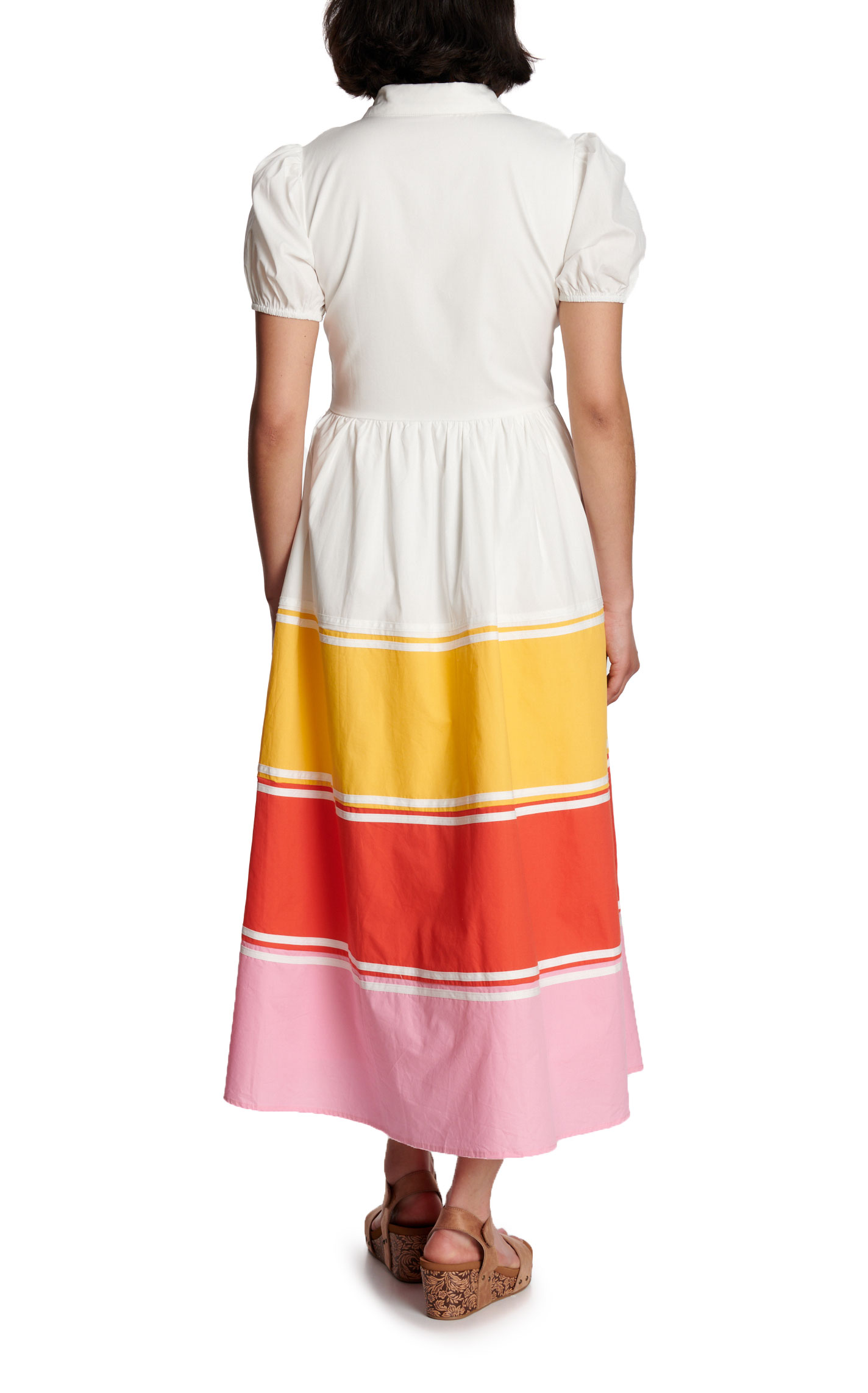 Rockin C Women’s White Color Block Puff Sleeve Midi Shirt Dress - Image 3