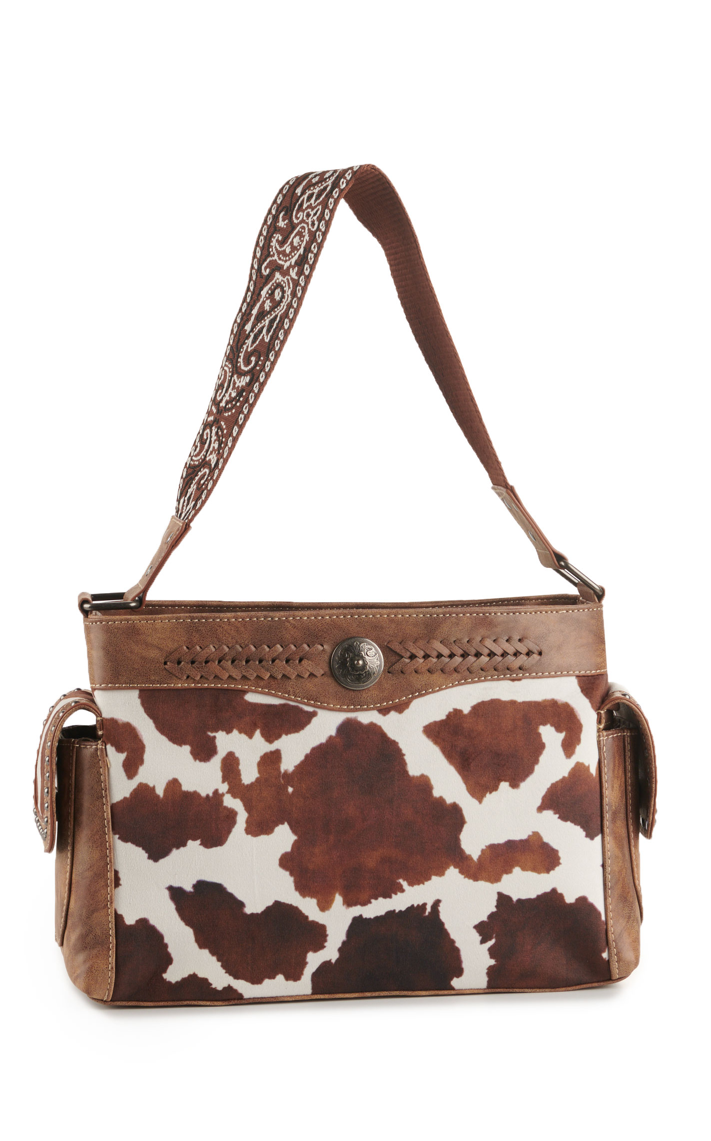 Nocona Tan & Soft Cow Print Leather with Paisley Embroidery Over the Shoulder Bag - Image 1