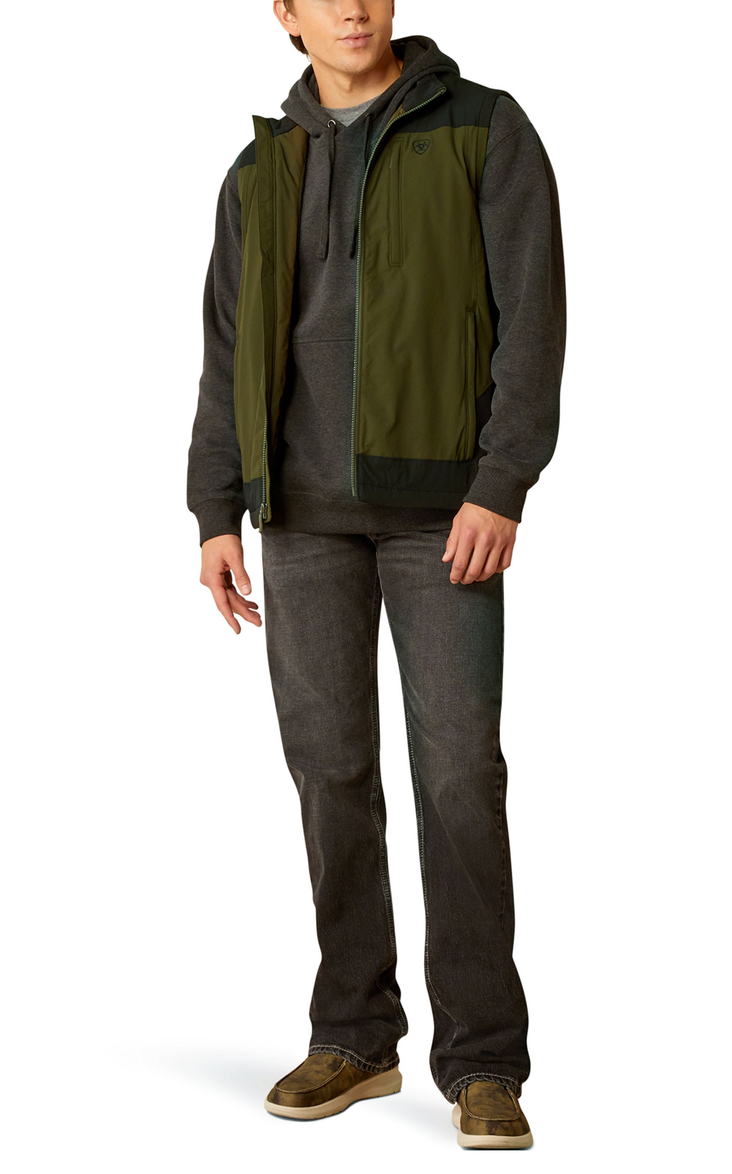 Ariat Men's Pioneer Black & Army Green Stretch Softshell Vest - Image 1