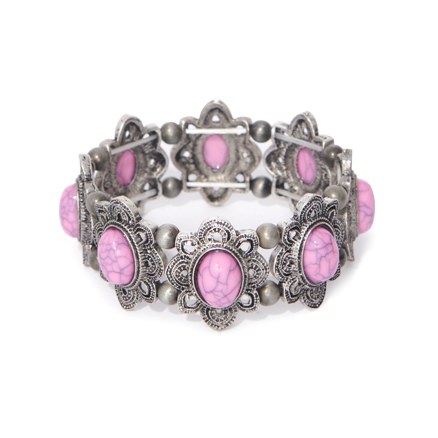 Rockin' C Silver Stretch Bracelet With Light Pink Oval Stones - Image 1