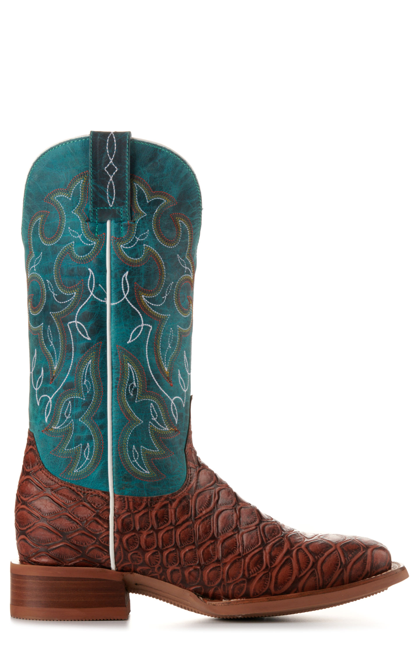 Cavender's Women's Intrepid Turquoise and Brown Baby Pirarucu Print Wide Square Toe Cowboy Boots - Image 1