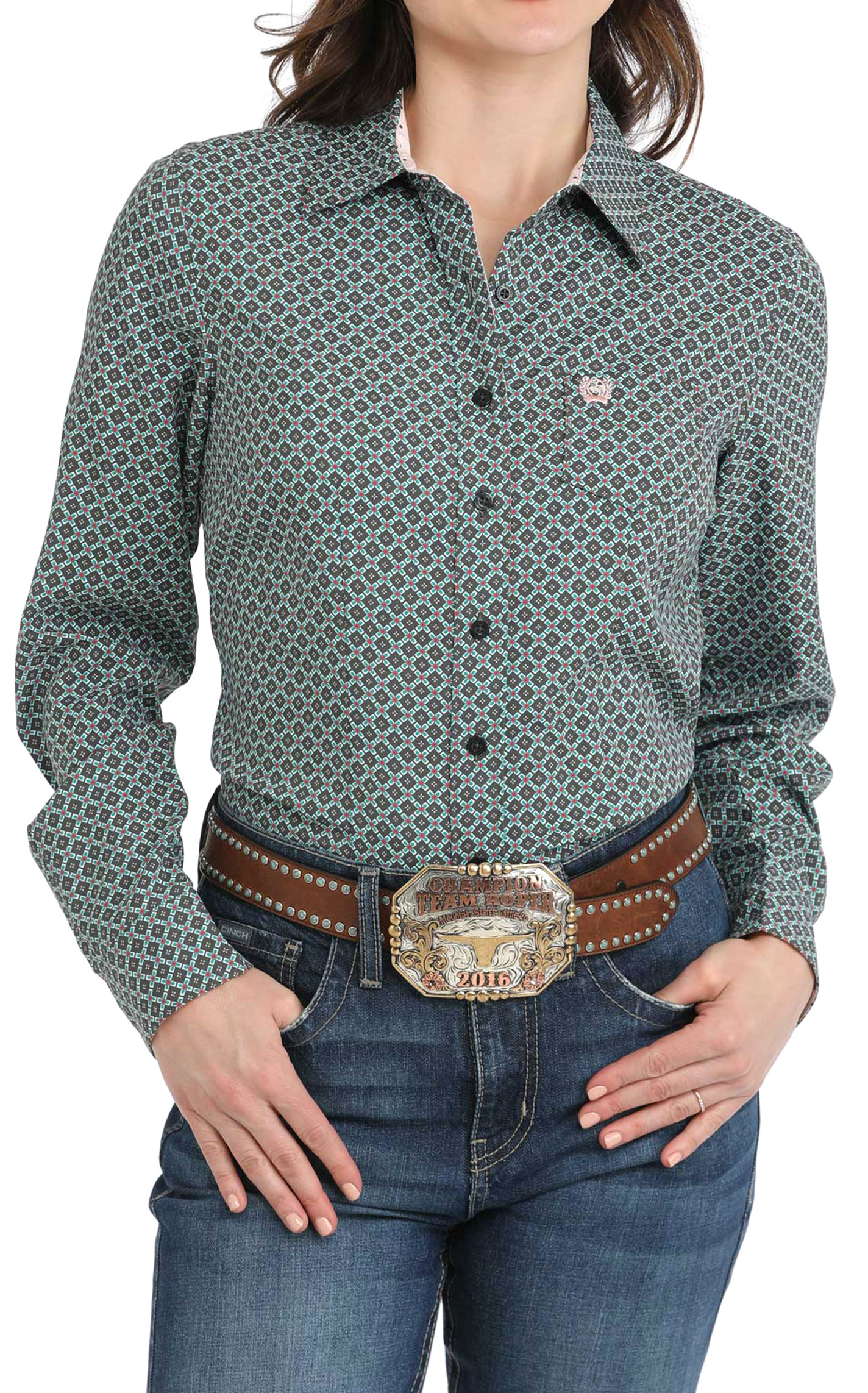 Cinch Women's Gray, Berry & Blue Geo Print Western Shirt - Image 1