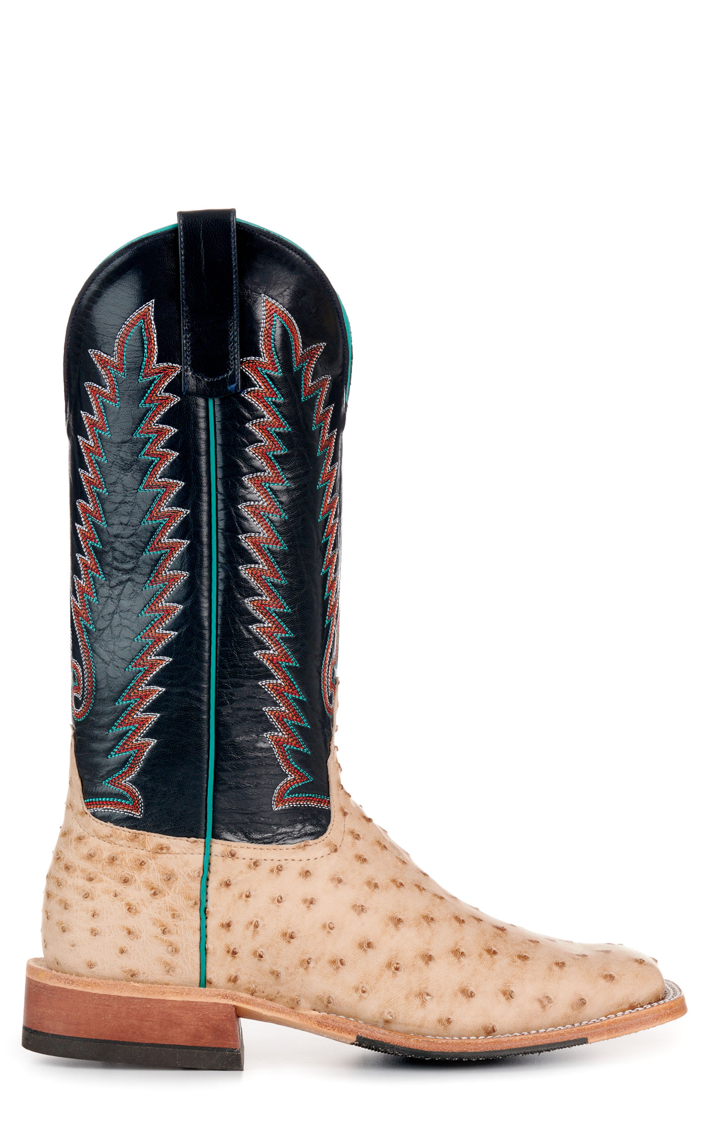 Anderson Bean Men's Navy and Tan Full Quill Ostrich Hybrid  Wide Square Toe Exotic Cowboy Boots - Image 1