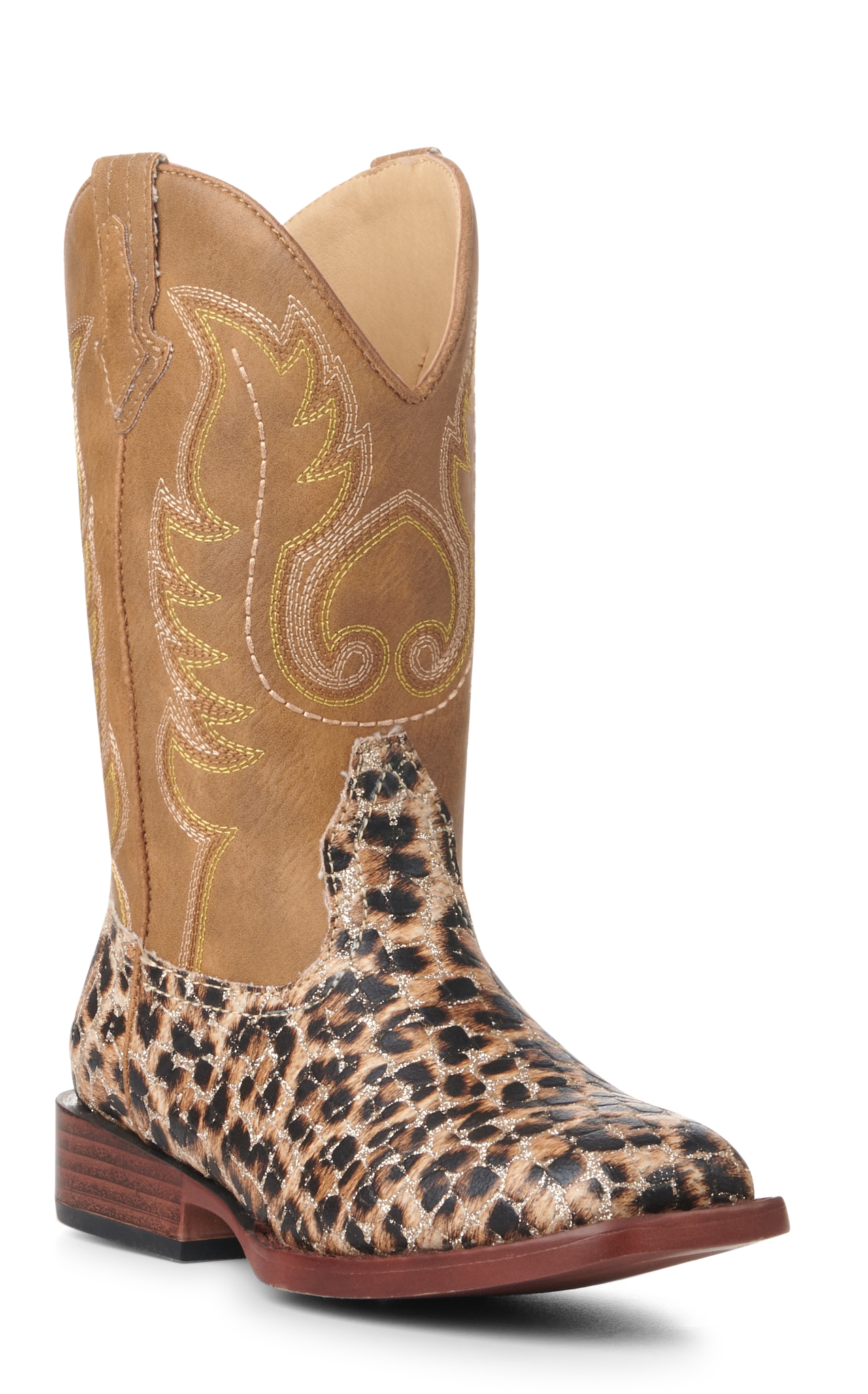 Roper Girl's Brown and Leopard with Gold Glitter Wide Square Toe Cowboy Boots - Image 1