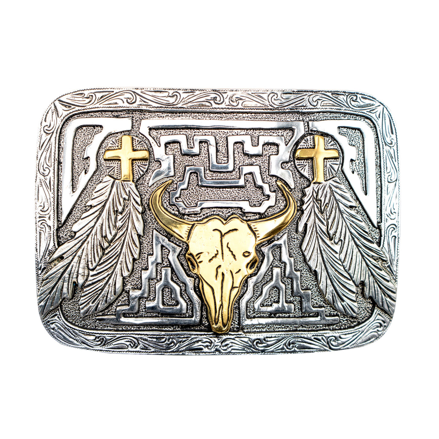 AndWest Gold & Silver Skull with Crosses and Feathers Belt Buckle - Image 2