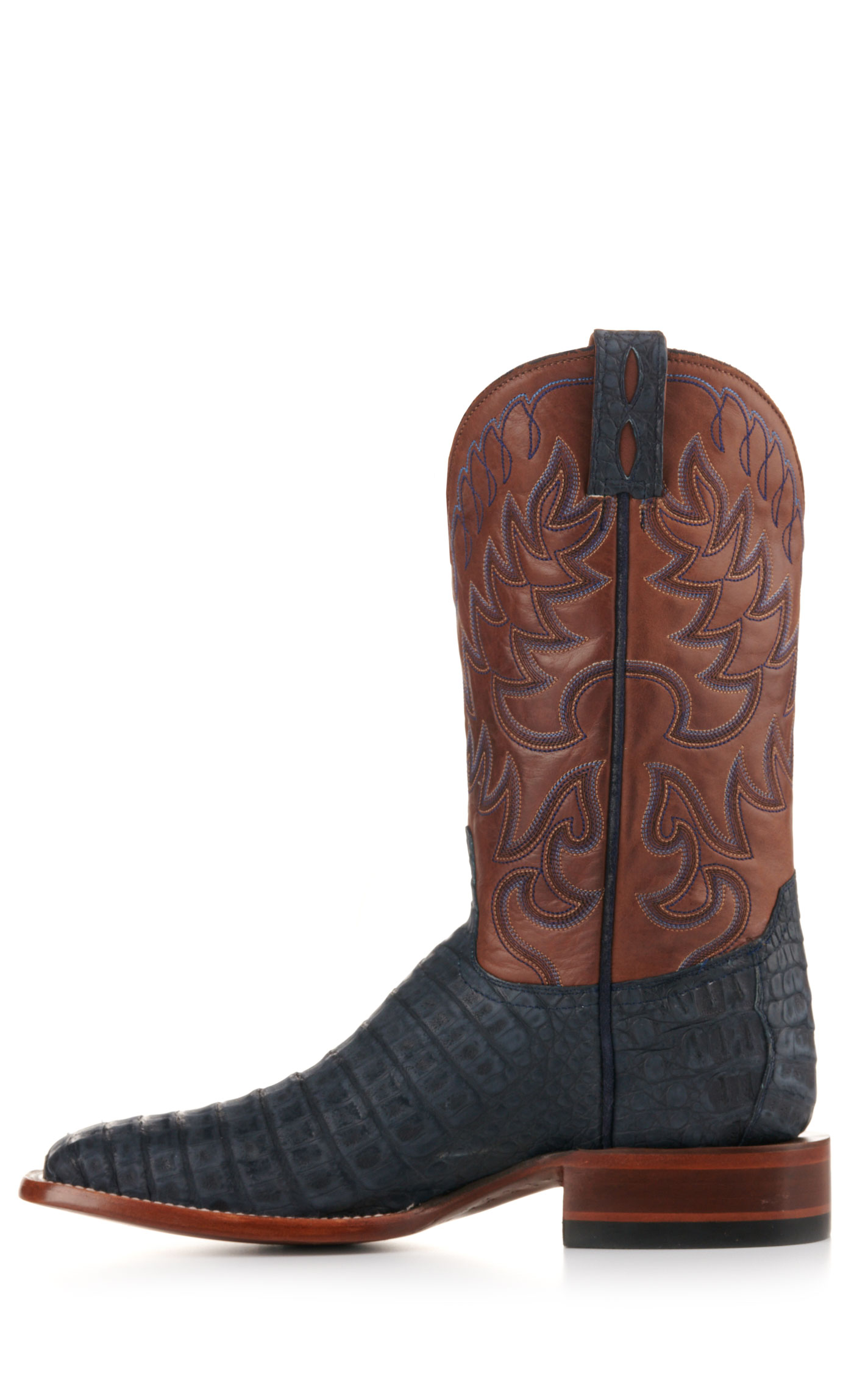 Cavender's Men's Brown and Blue Sueded Caiman Wide Square Toe Exotic Cowboy Boots - Image 1