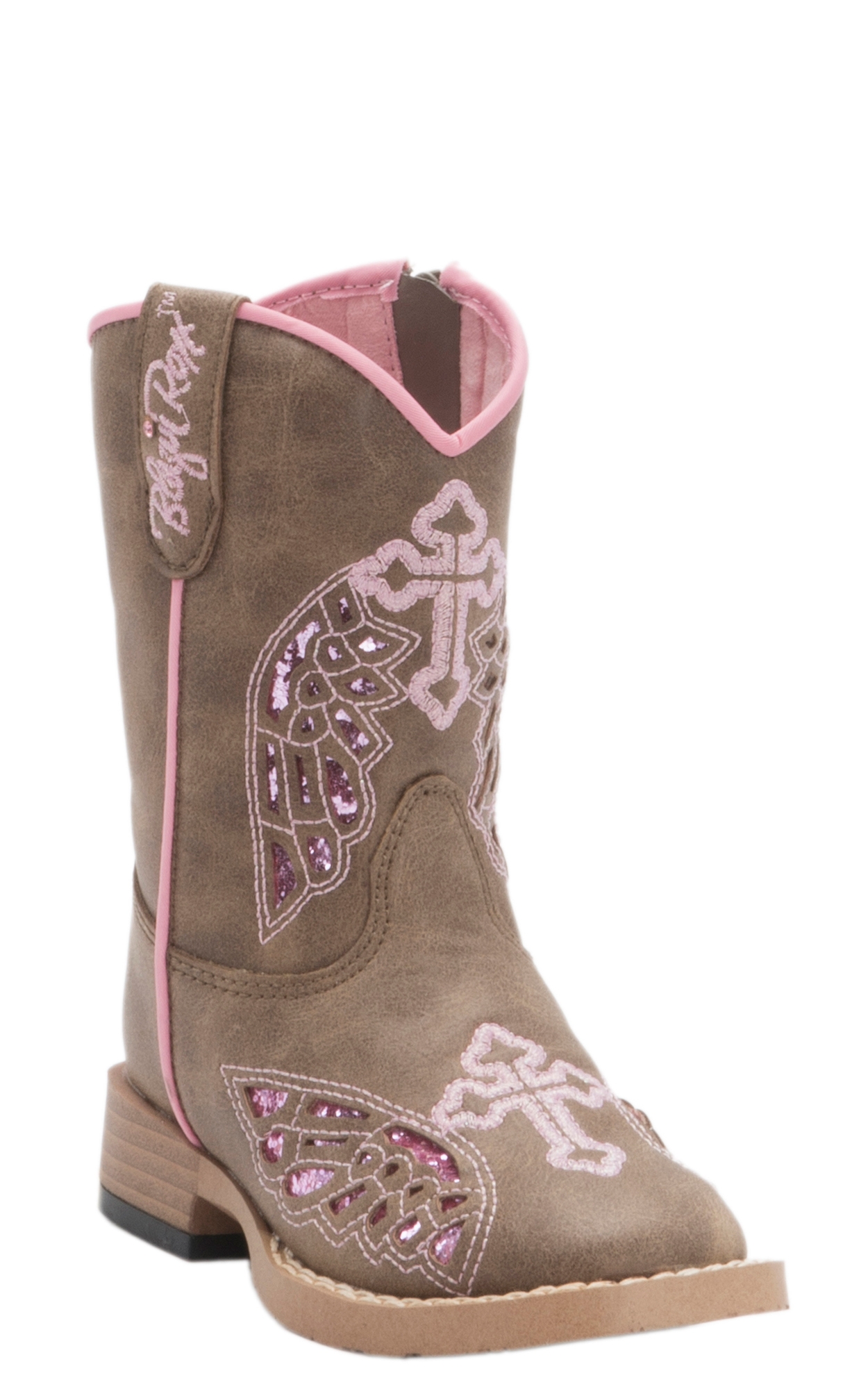 Blazin Roxx Toddler Gracie Brown with Pink Wing Cross Zip Square Toe Cowboy Boots - Image 1