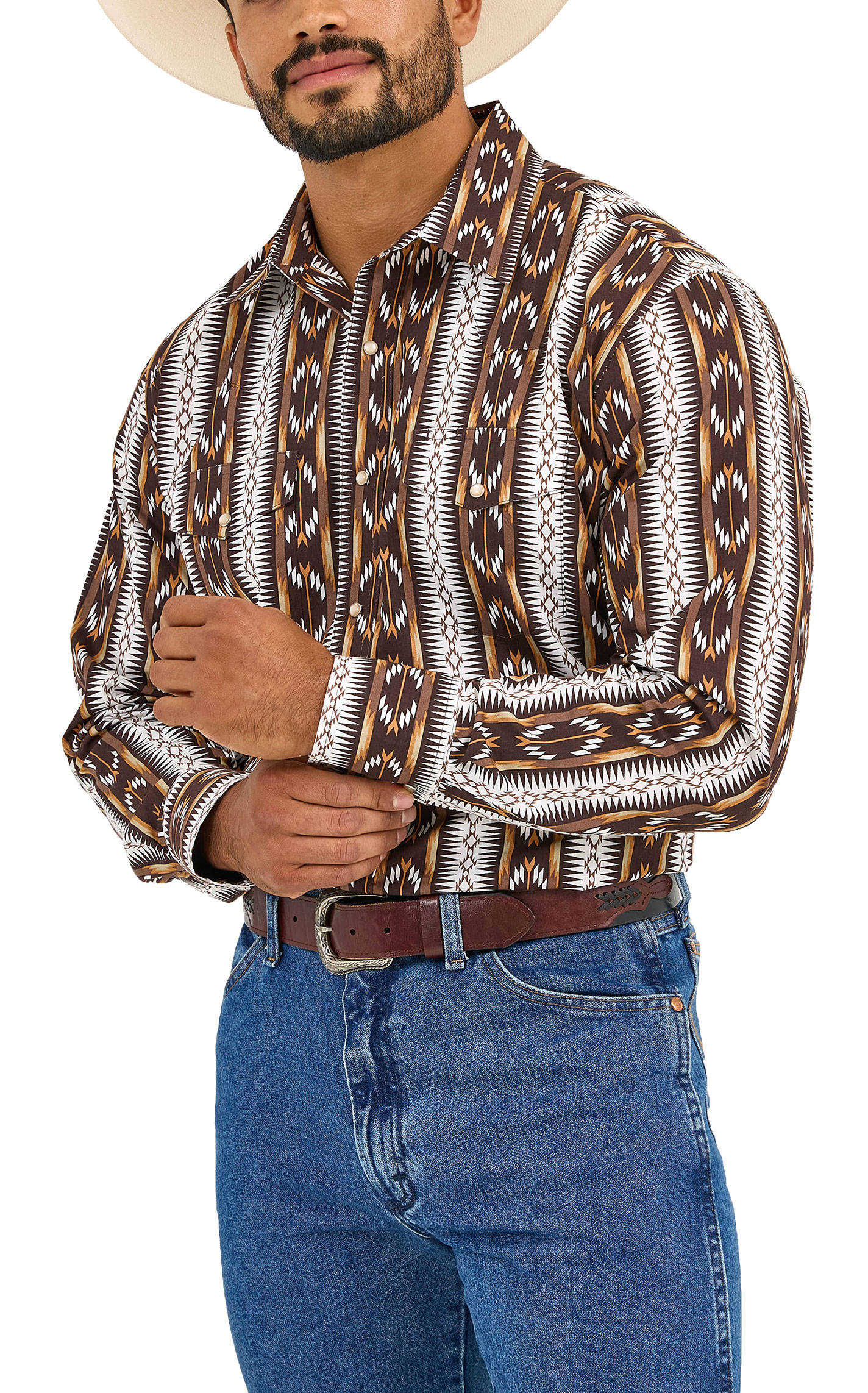 Checotah Men's Brown And White Aztec Stripe Long Sleeve Western Shirt - Image 1