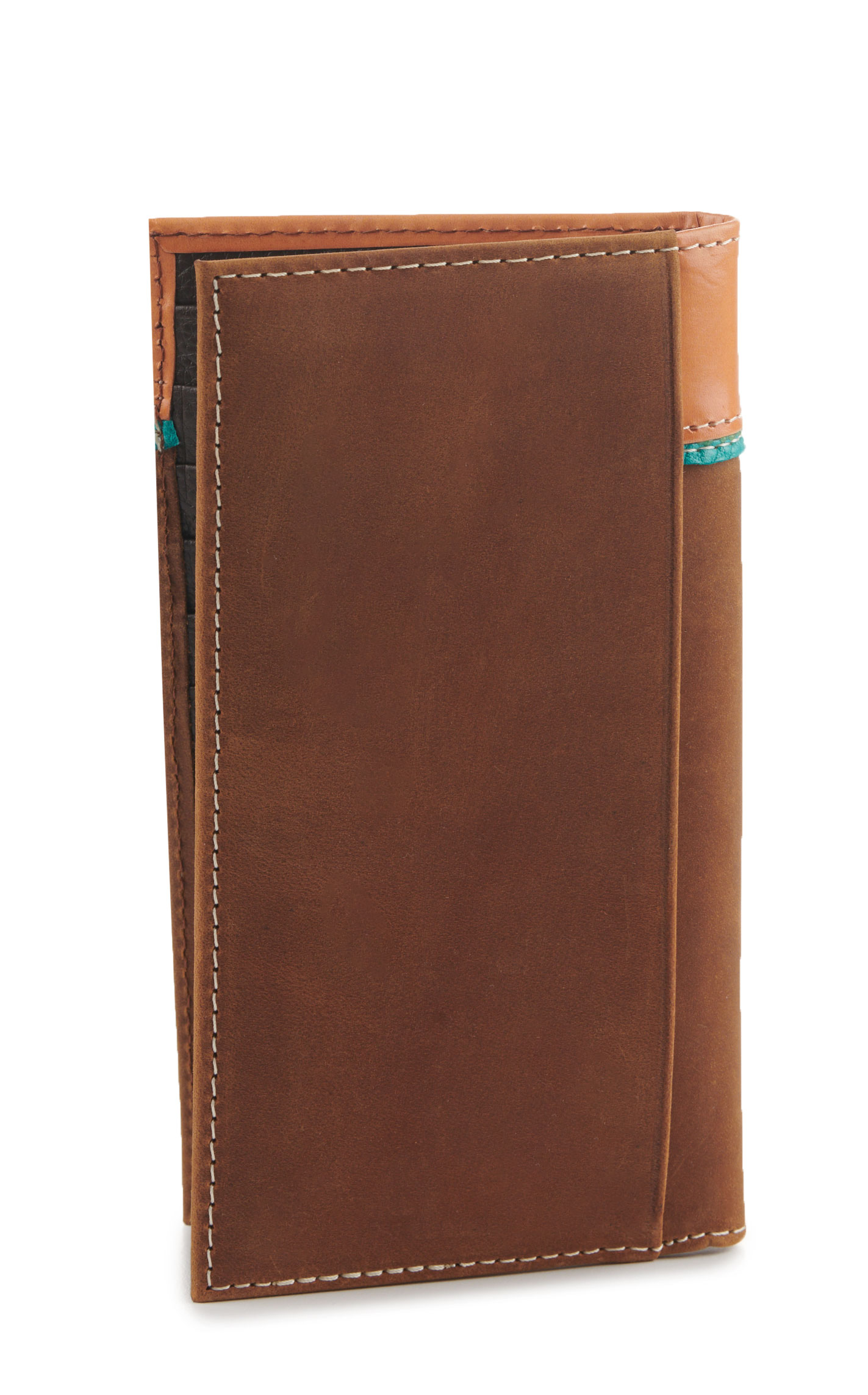 Rafter C Men’s Tan Tooled Leather Turquoise Underlay Checkbook Cover Rodeo Wallet - Image 1