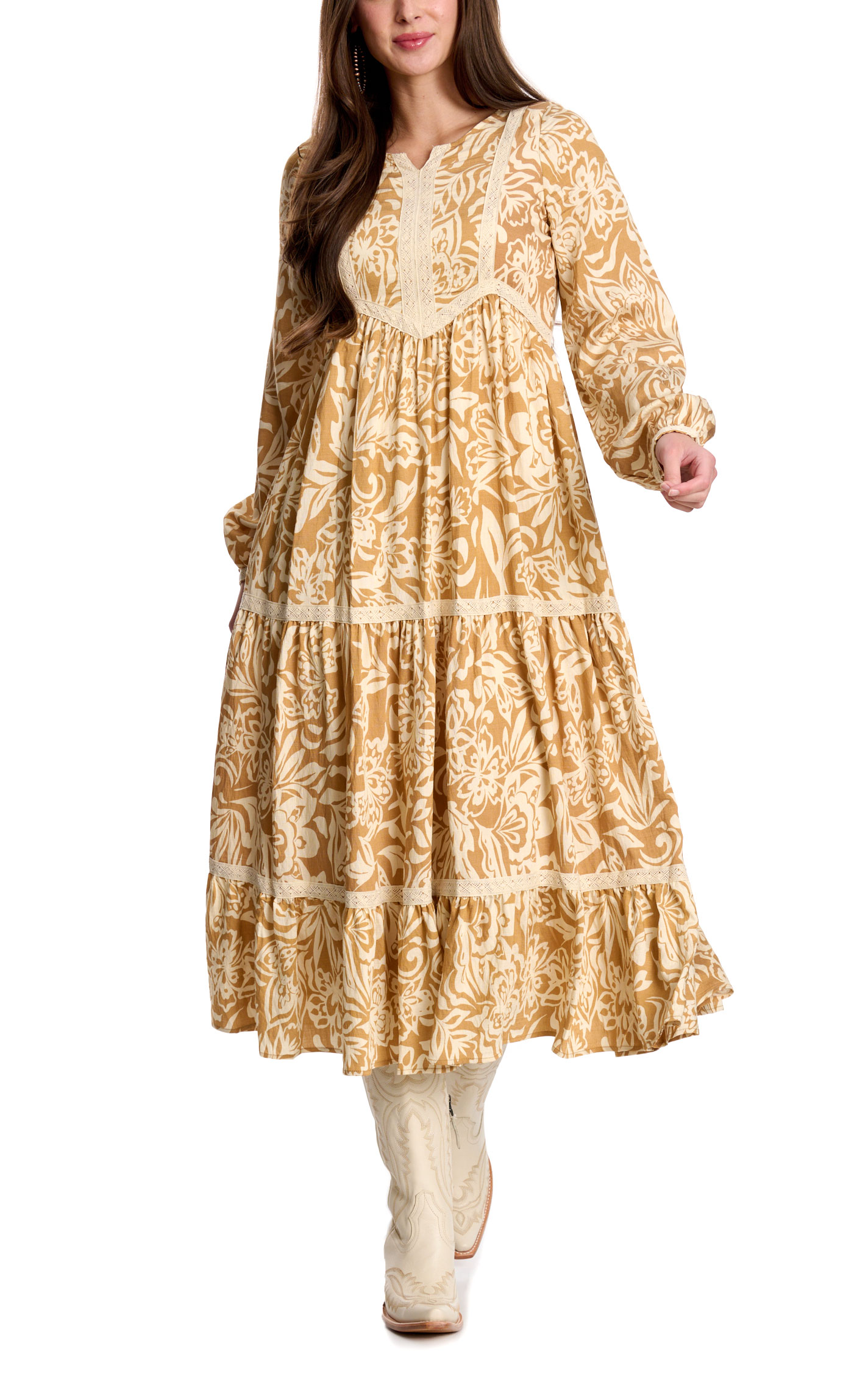 TCEC Women's Golden Tan & Cream Print Maxi Dress - Image 1