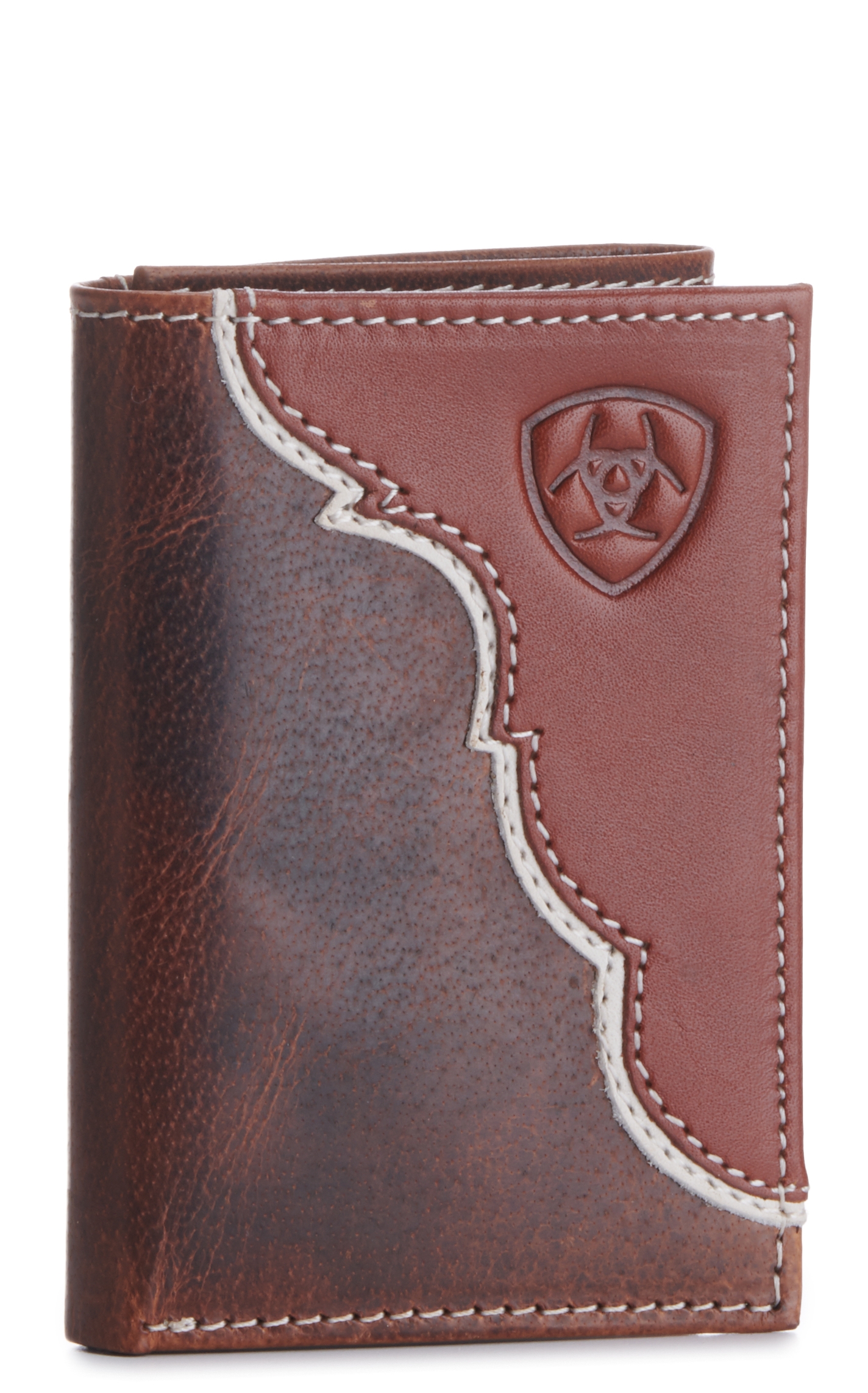 Ariat Men's Brown with Tan Overlay and Embossed Shield Logo Trifold Wallet - Image 1