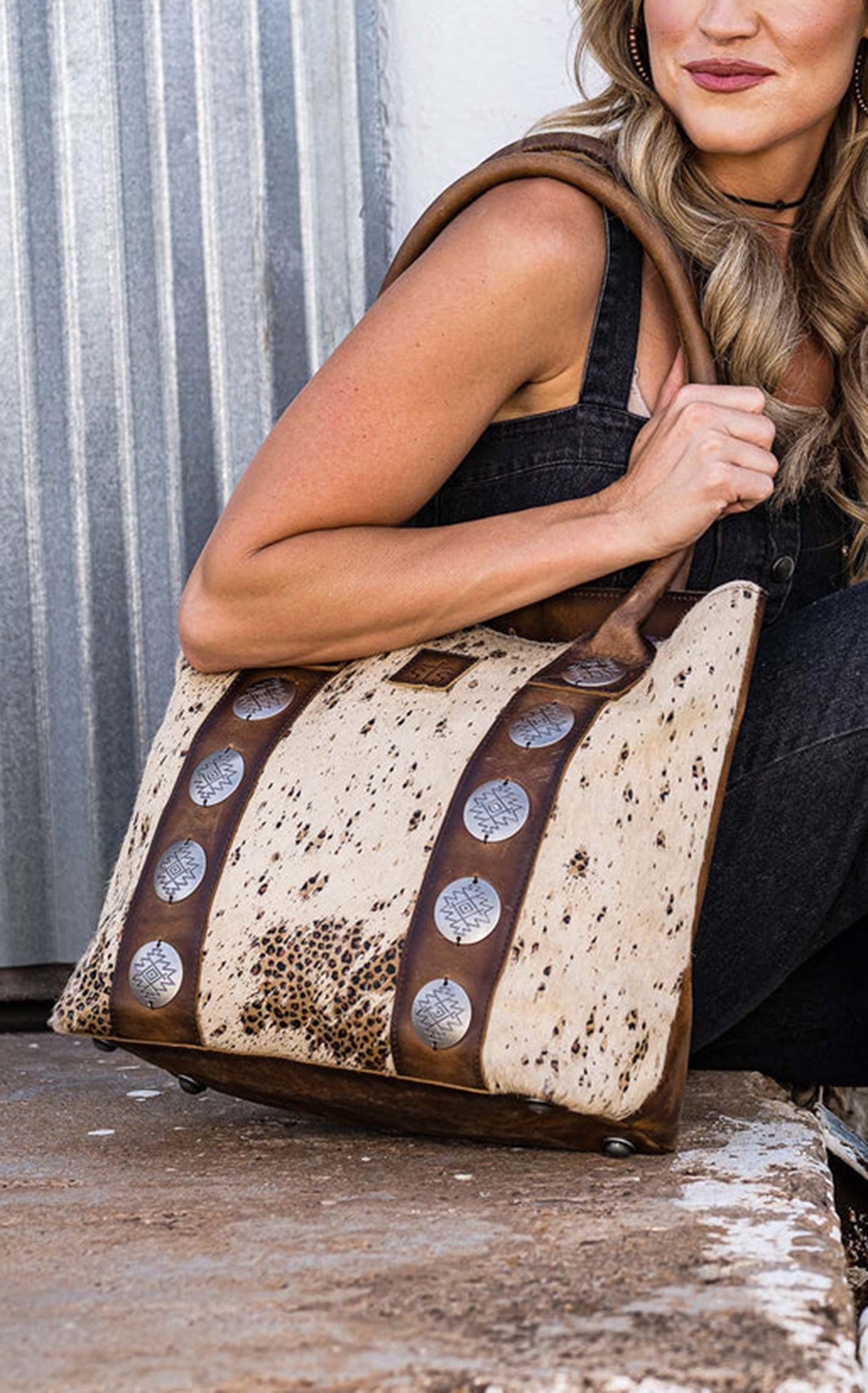 STS Ranchwear Cowhide Hair On Hide Serengeti Concho Tote Bag - Image 1