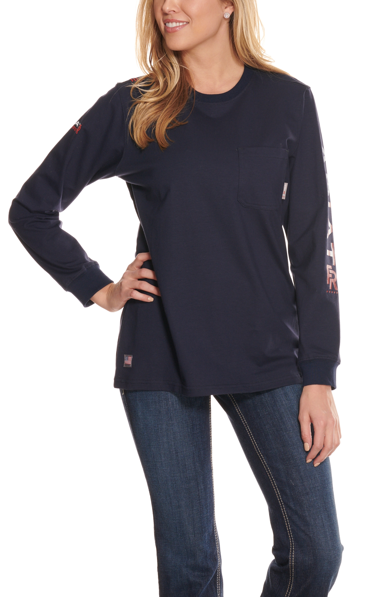 Ariat Women's Navy USA Flag Logo Long Sleeve Stretch FR T-Shirt - Image 1