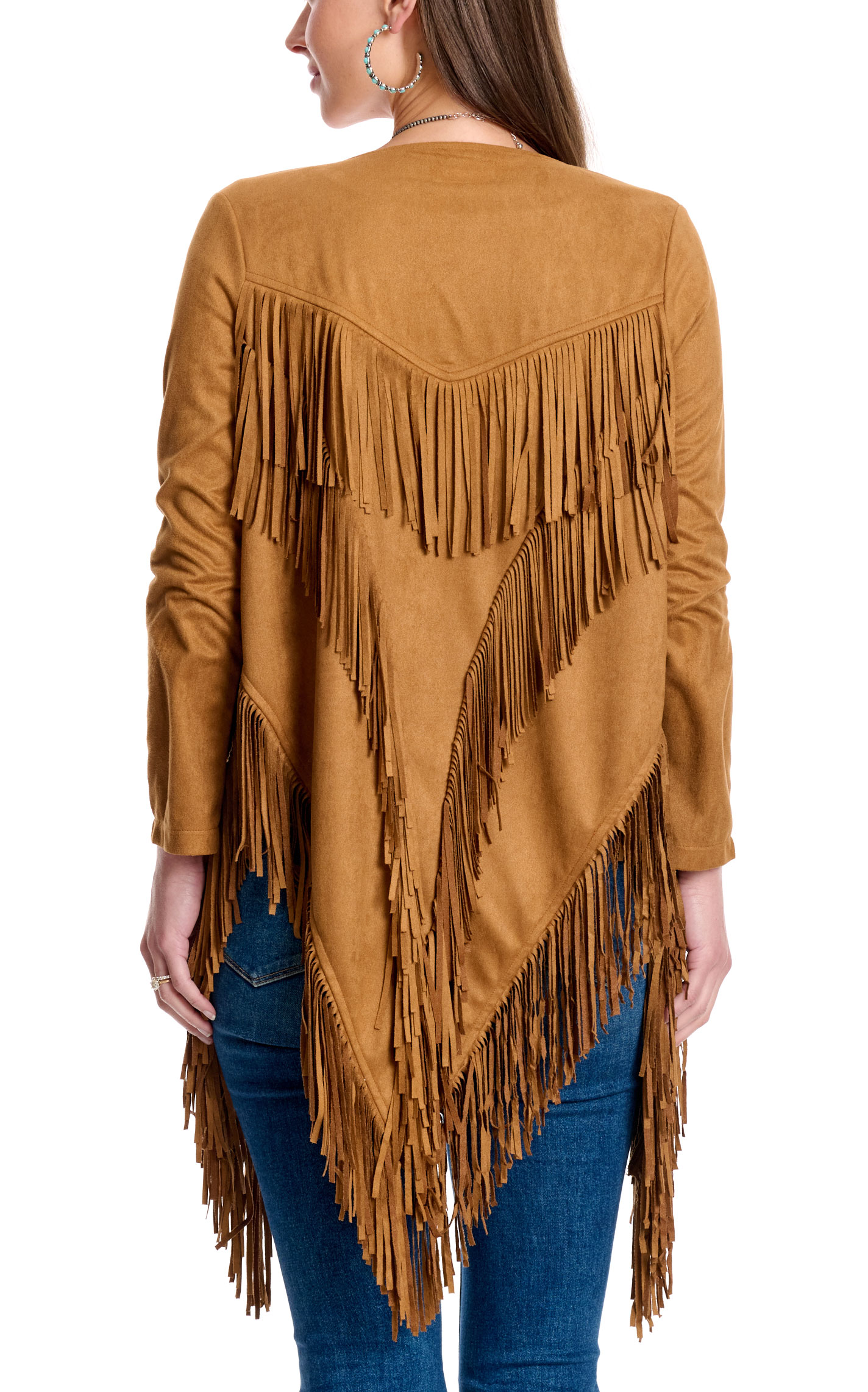 Rockin' C Women's Caramel Fringed Shark-Toothed Hem Cardigan - Image 1