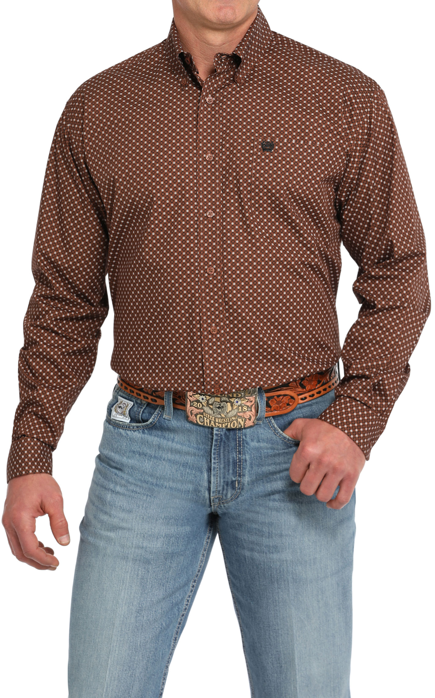 Cinch Men's Dark Caramel & Black Geo Print Western Shirt - Image 1