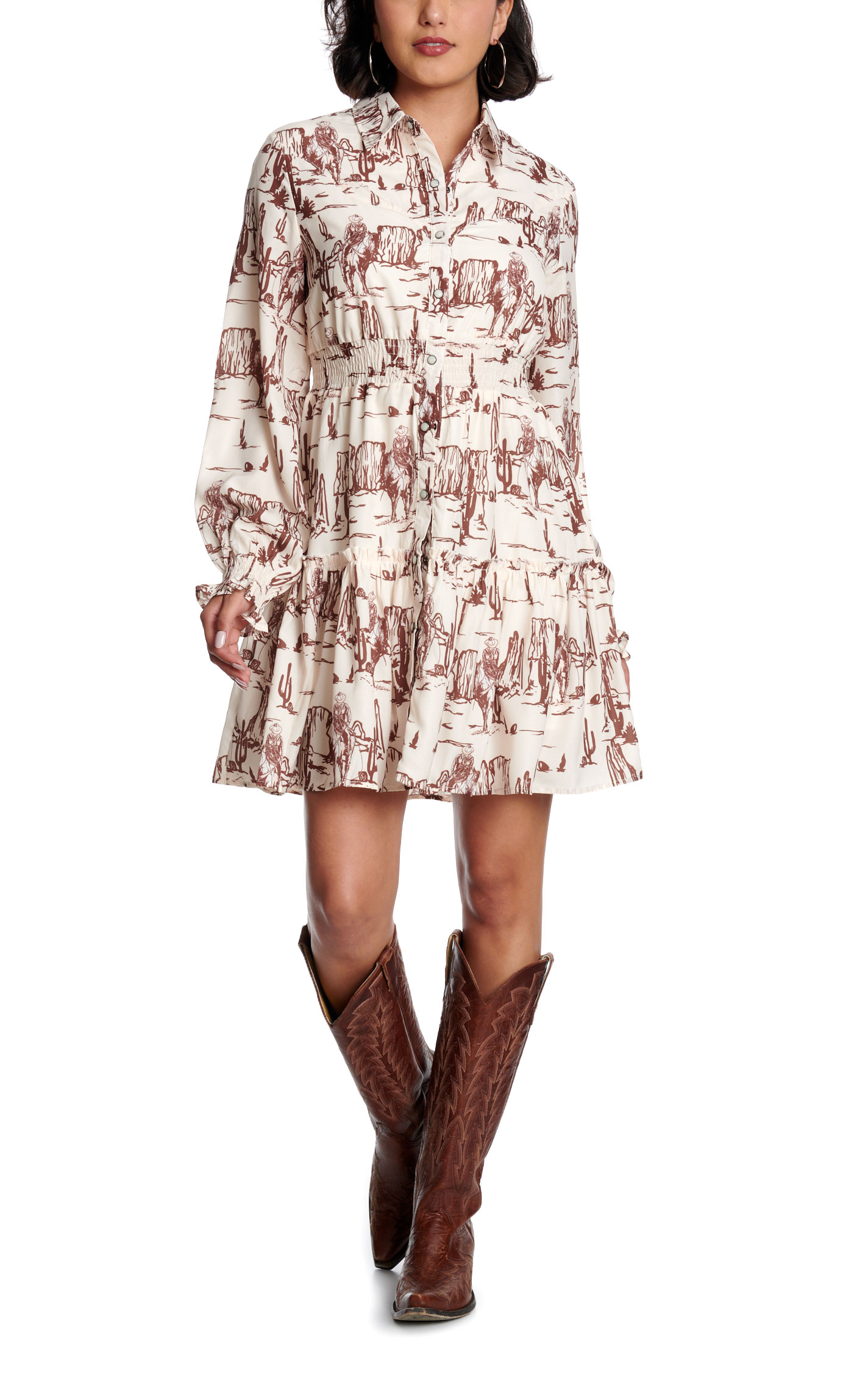 Fashion Express Women's Taupe & Cream Western Print Dress - Image 1