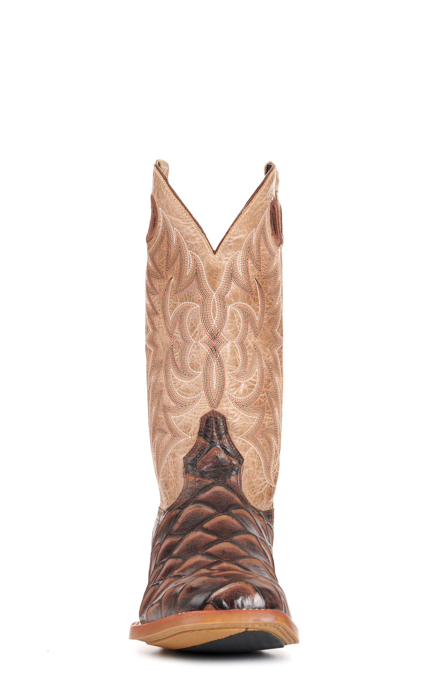Cavender's Men's Intrepid Bone and Brown Pirarucu Print Wide Square Toe Cowboy Boots - Image 1