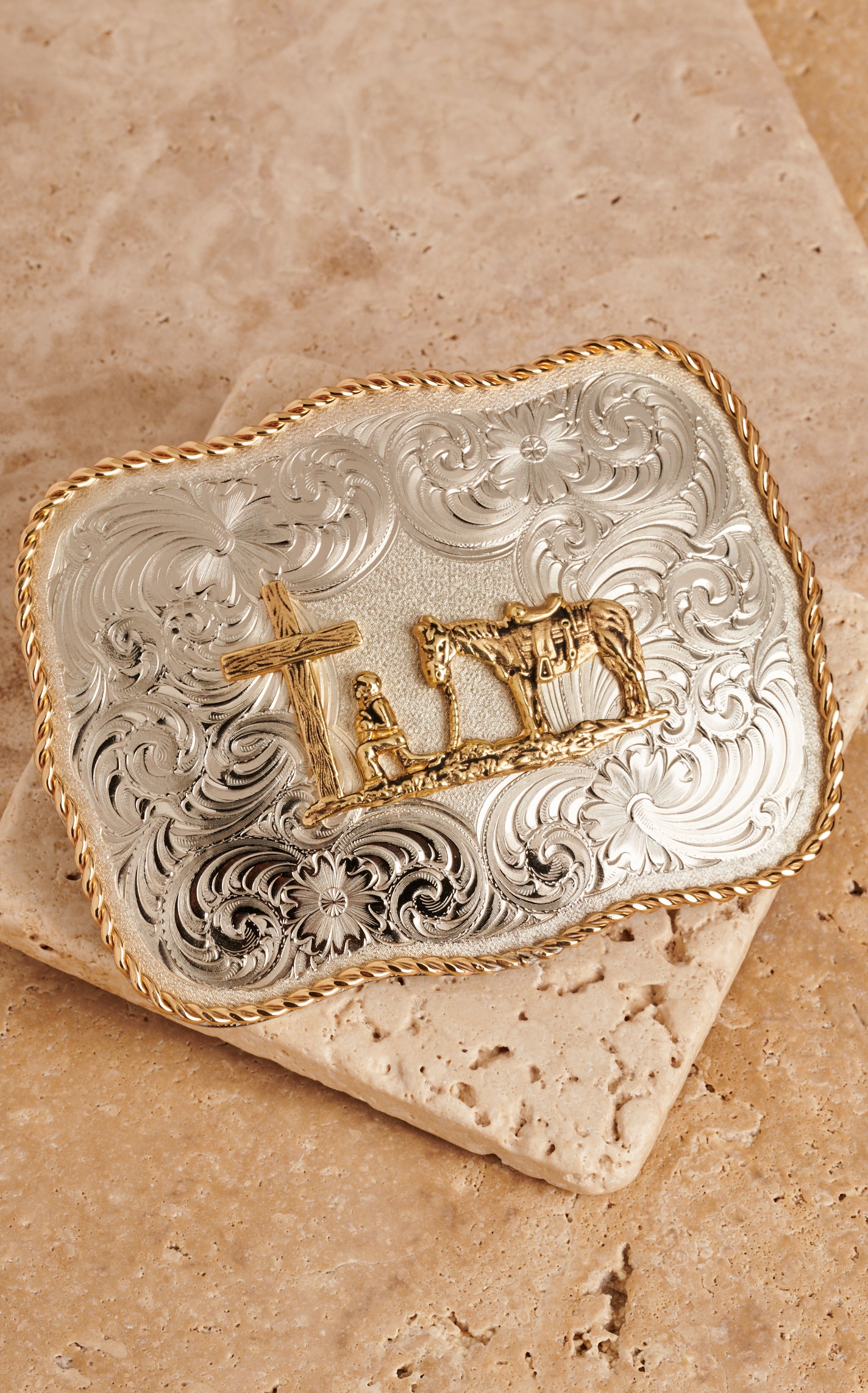 Montana Silversmiths Two-toned Scalloped Rectangle Christian Cowboy Belt Buckle - Image 1