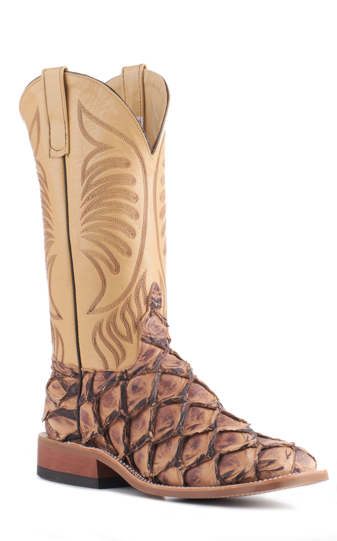 Anderson Bean Men's Ivory and Brown Matte Big Bass Wide Square Toe Exotic Cowboy Boots - Image 1