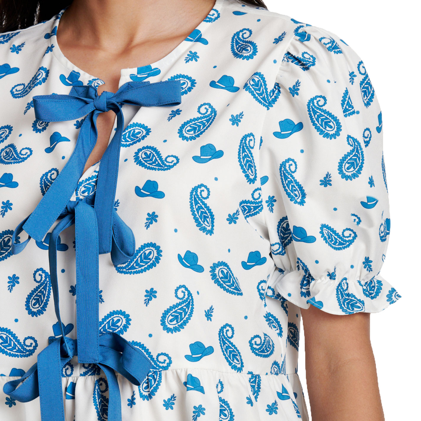 Rockin' C Women's White & Blue Paisley Cowboy Hat Print Top - Image 2