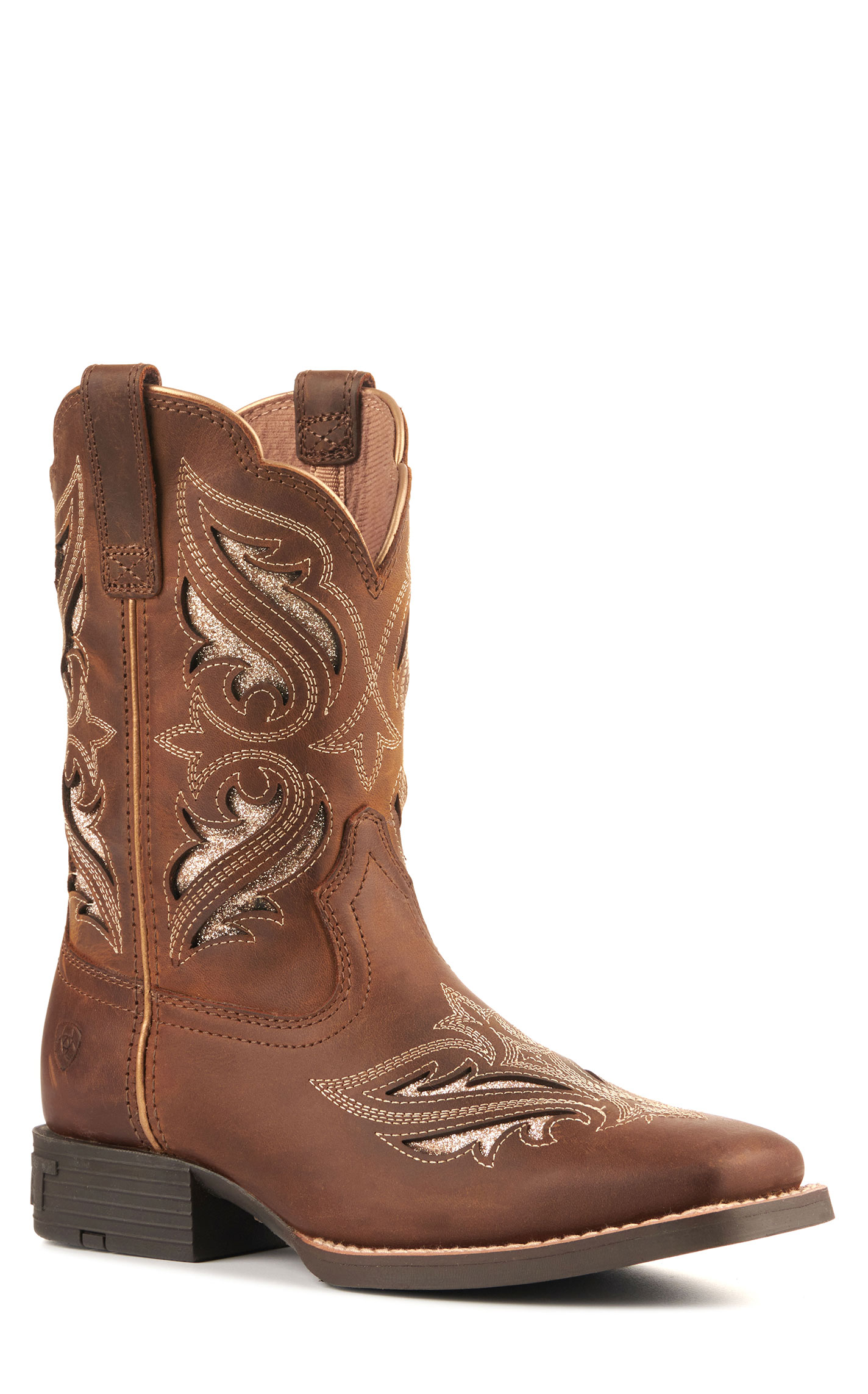 Ariat Youth Round Up Bliss Sassy Brown with Glitter Inlay Wide Square Toe Cowboy Boots - Image 1