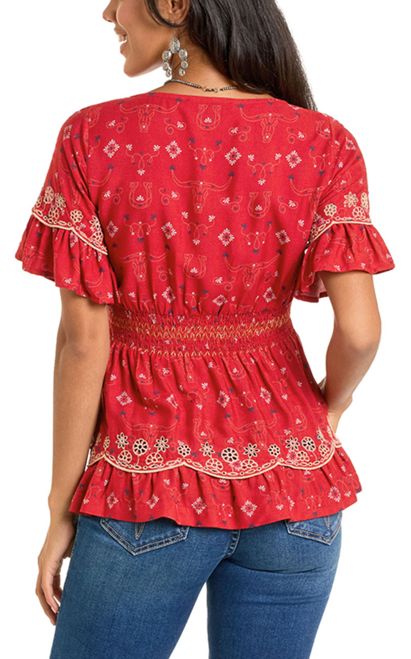 Panhandle Slim Women's Red Smocked Eyelet Layered Blouse - Image 1