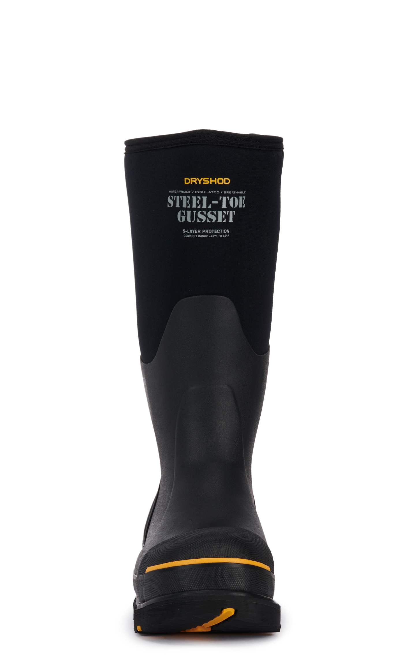 Dryshod Men's Black and Yellow Adjustable Gusset Round Steel-Toe Rubber Work Boot - Image 1