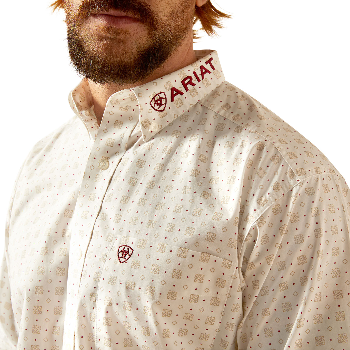 Ariat Men's Team White & Taupe Logo Embroidery Western Shirt - Image 1